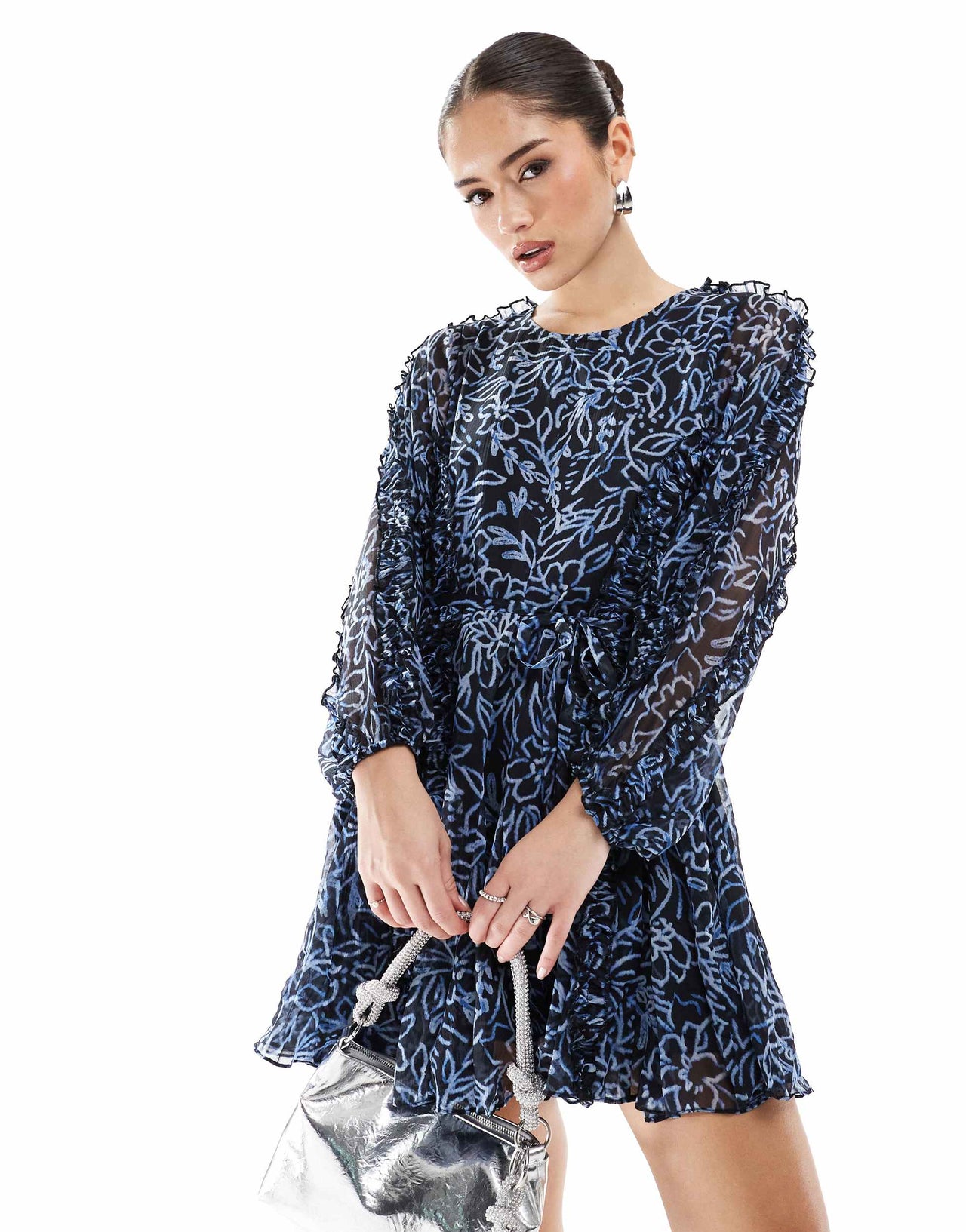 French Connection Anna chiffon mini pleat dress in navy scribble