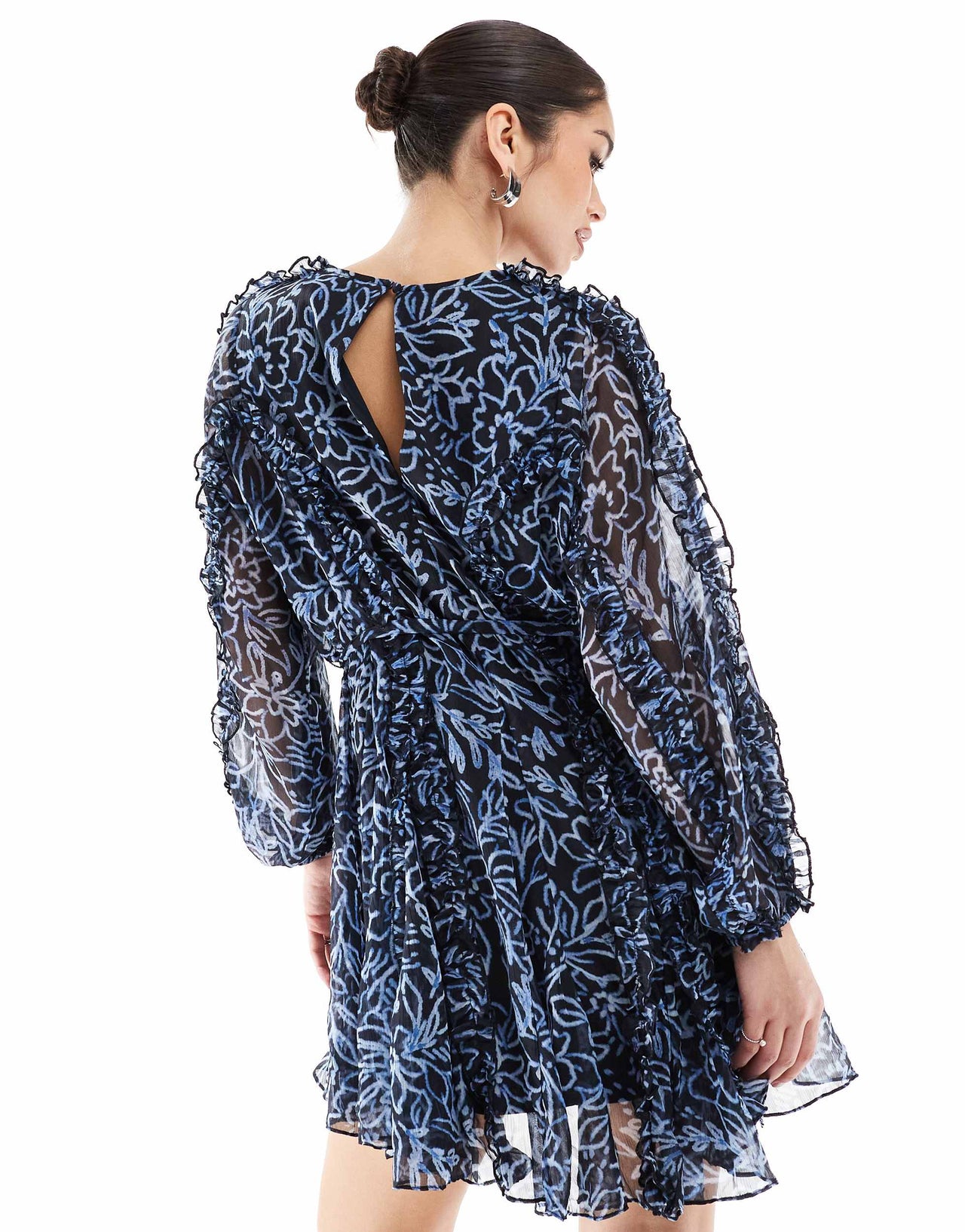 French Connection Anna chiffon mini pleat dress in navy scribble