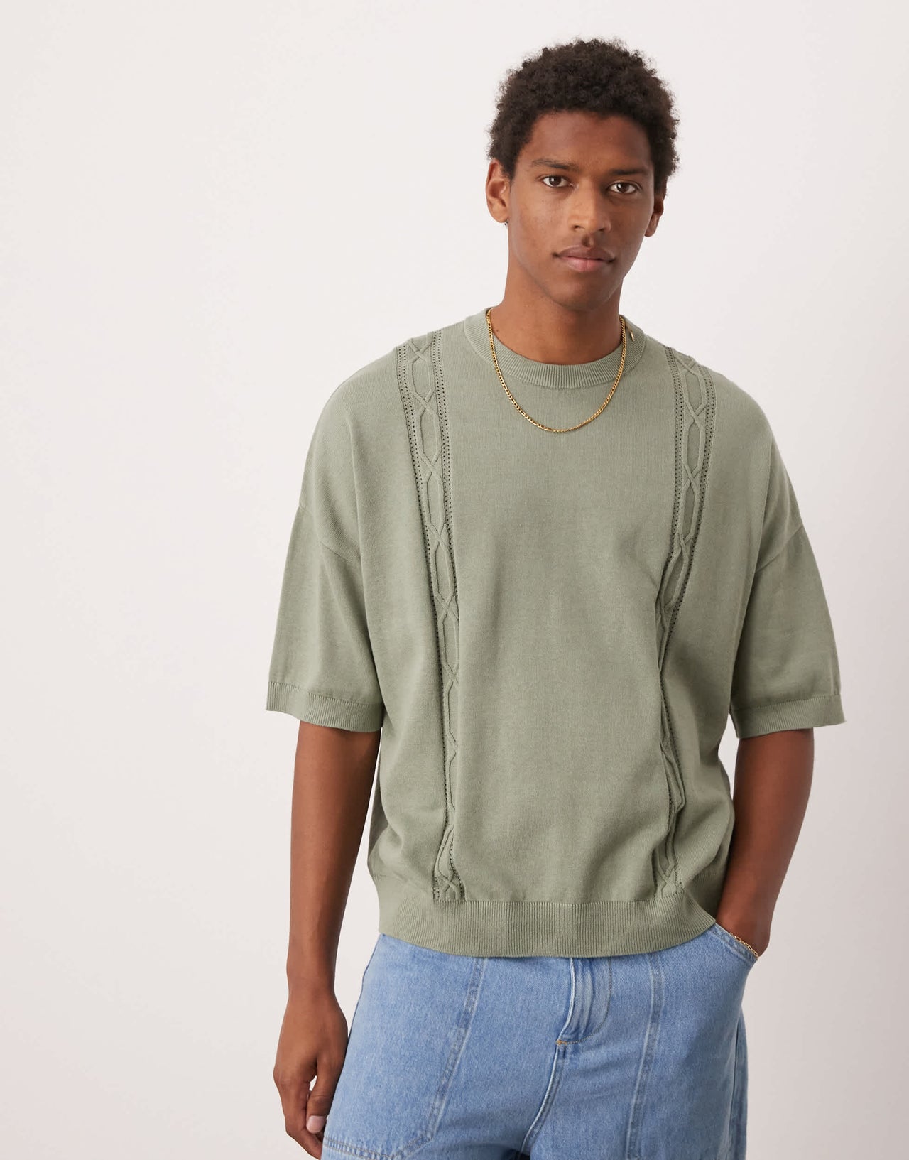ASOS DESIGN oversized  fit knitted crew neck t-shirt with embroidery detail in sage green