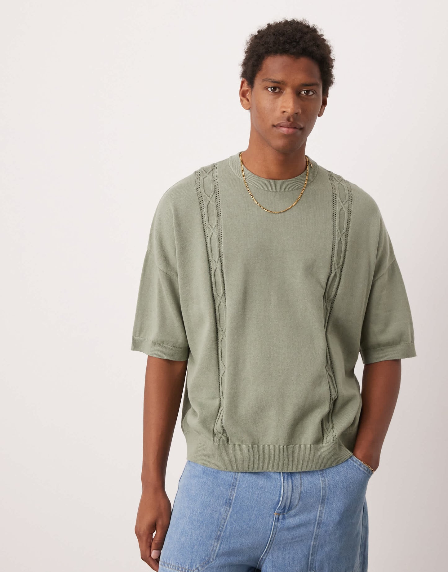 ASOS DESIGN oversized  fit knitted crew neck t-shirt with embroidery detail in sage green