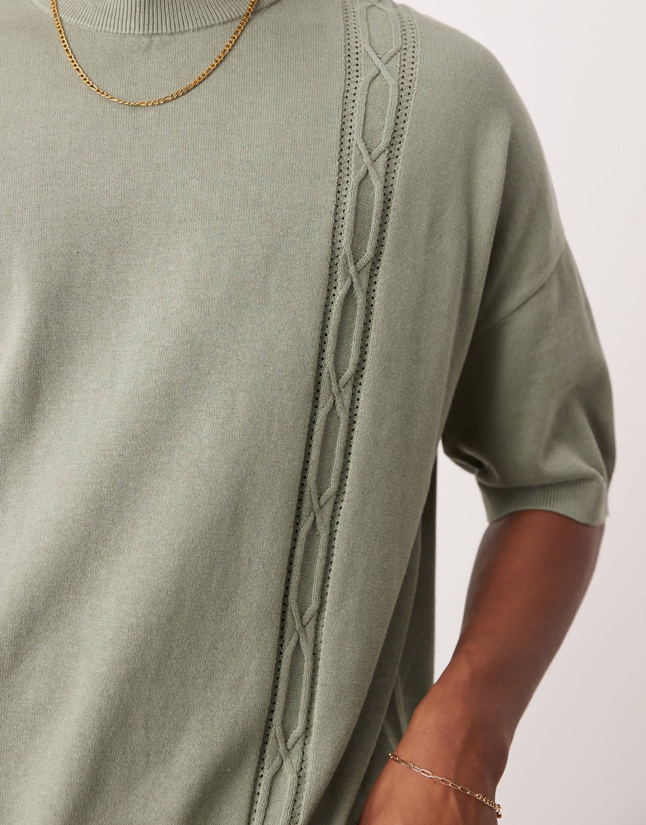 ASOS DESIGN oversized  fit knitted crew neck t-shirt with embroidery detail in sage green