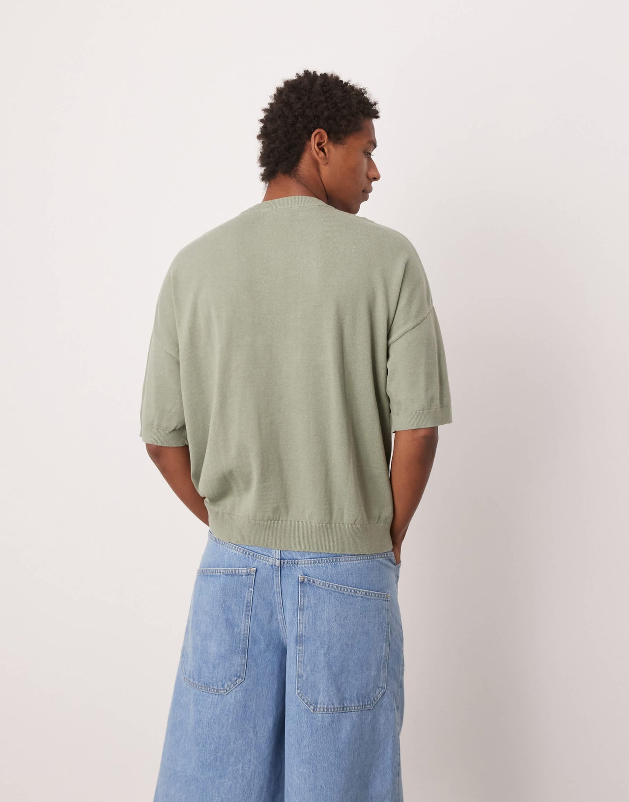 ASOS DESIGN oversized  fit knitted crew neck t-shirt with embroidery detail in sage green