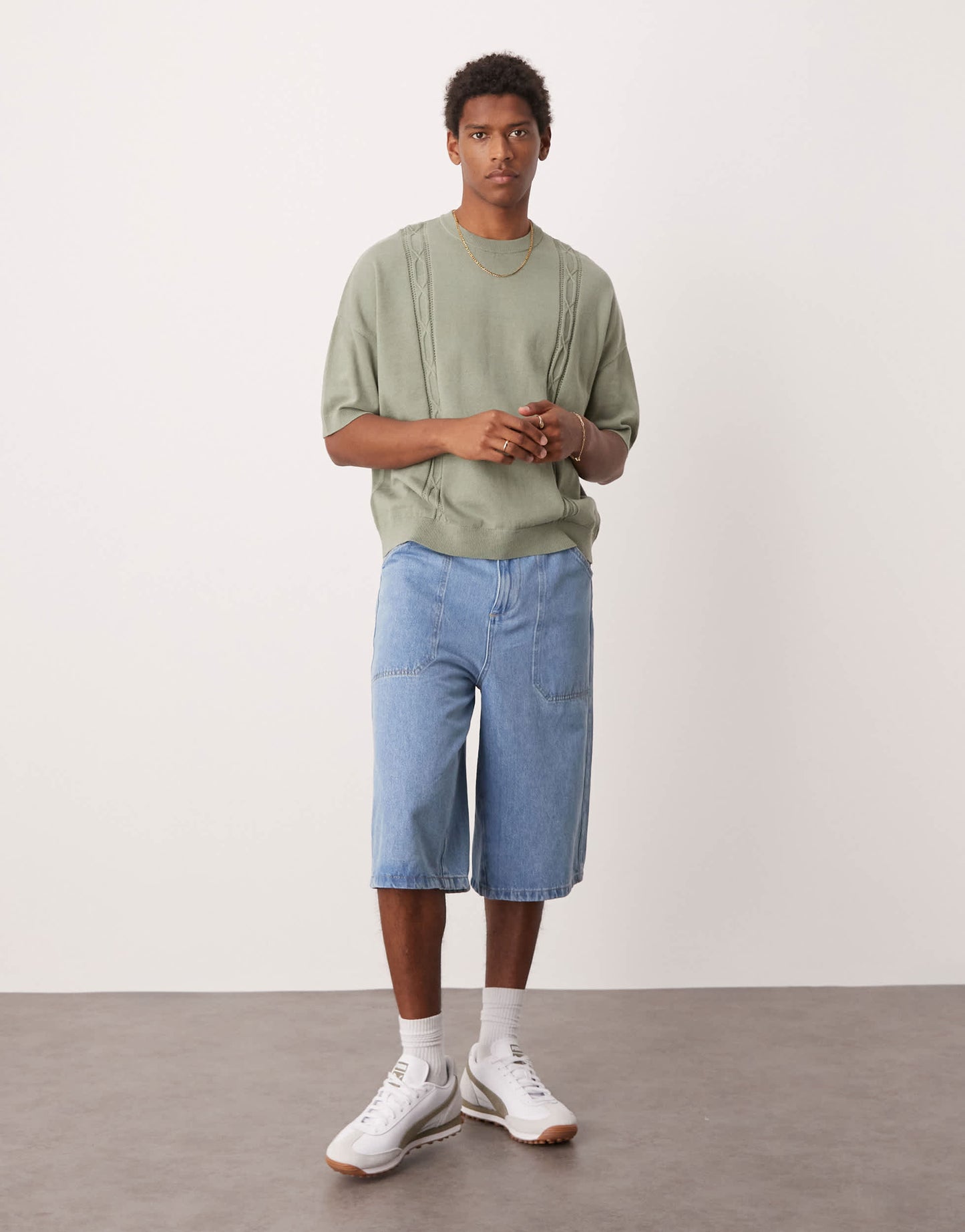 ASOS DESIGN oversized  fit knitted crew neck t-shirt with embroidery detail in sage green