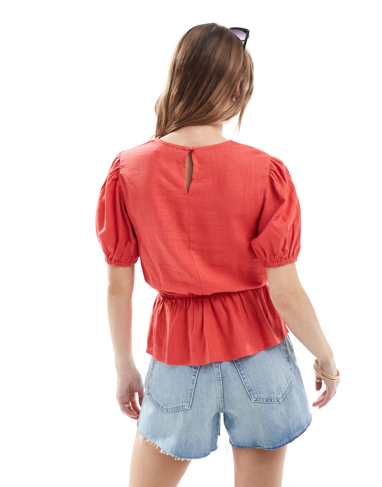 ASOS DESIGN linen blend peplum top with puff sleeve in red