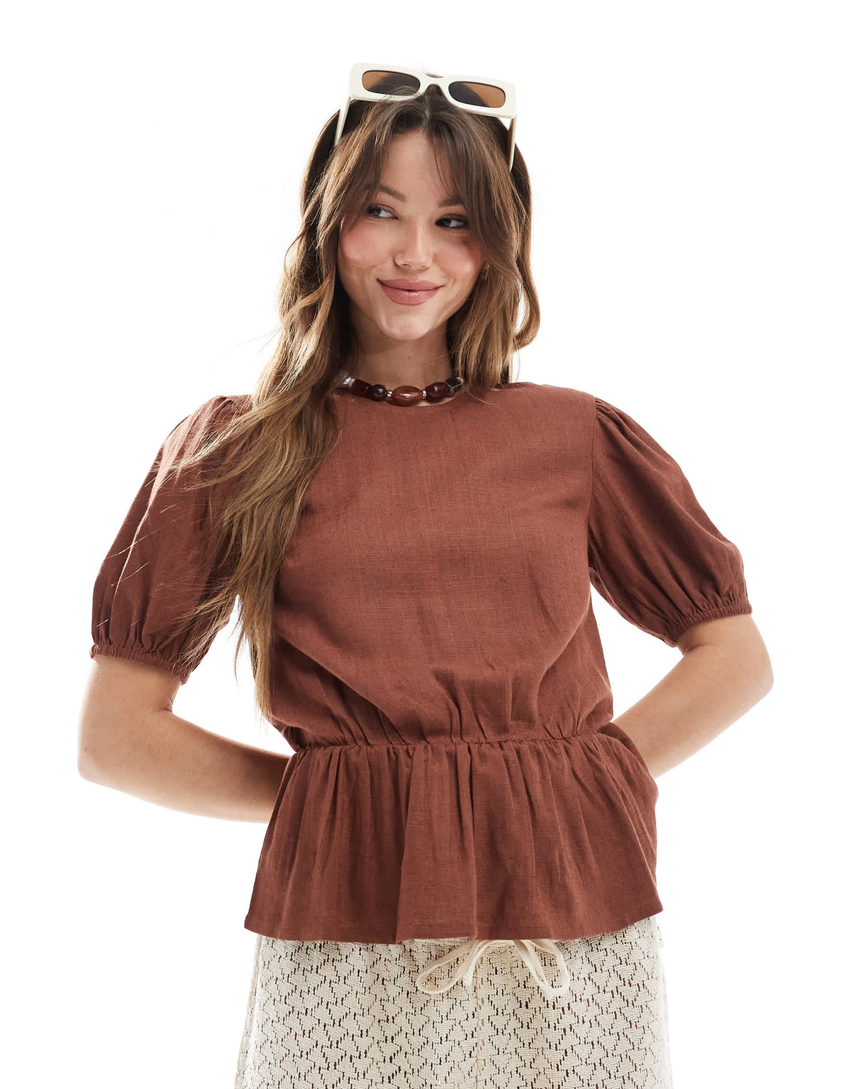 ASOS DESIGN linen blend peplum top with puff sleeve in brown