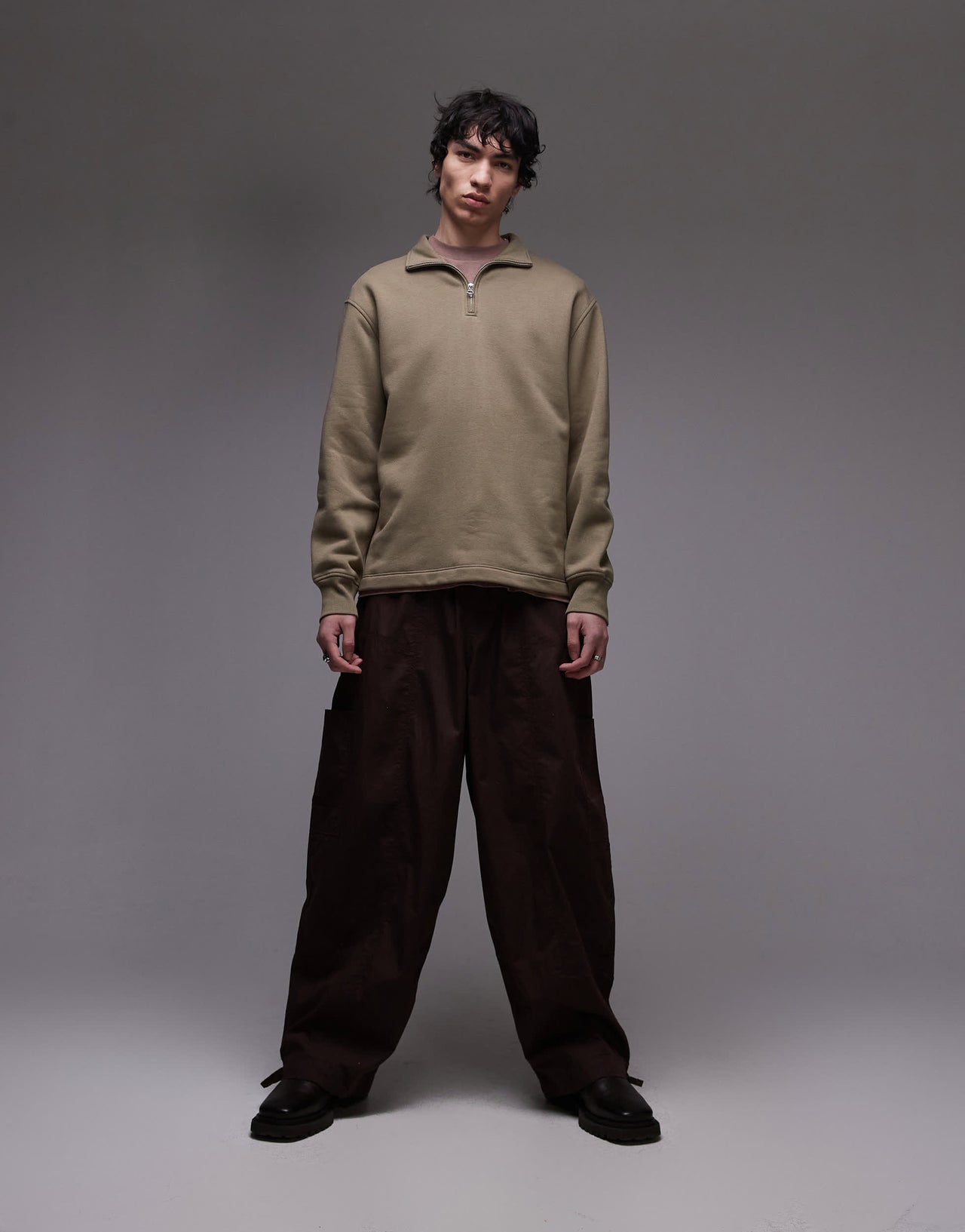 Topman 1/4 zip sweatshirt in khaki