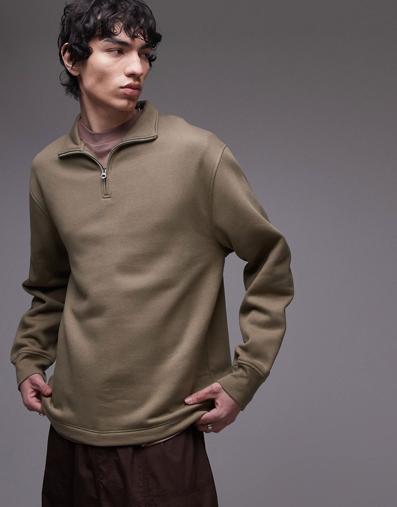 Topman 1/4 zip sweatshirt in khaki