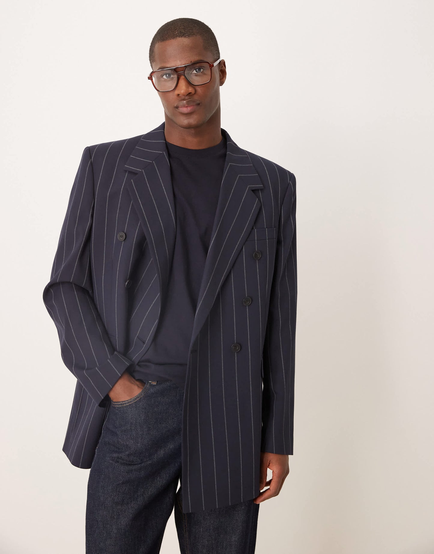 ASOS DESIGN relaxed blazer in navy pinstripe