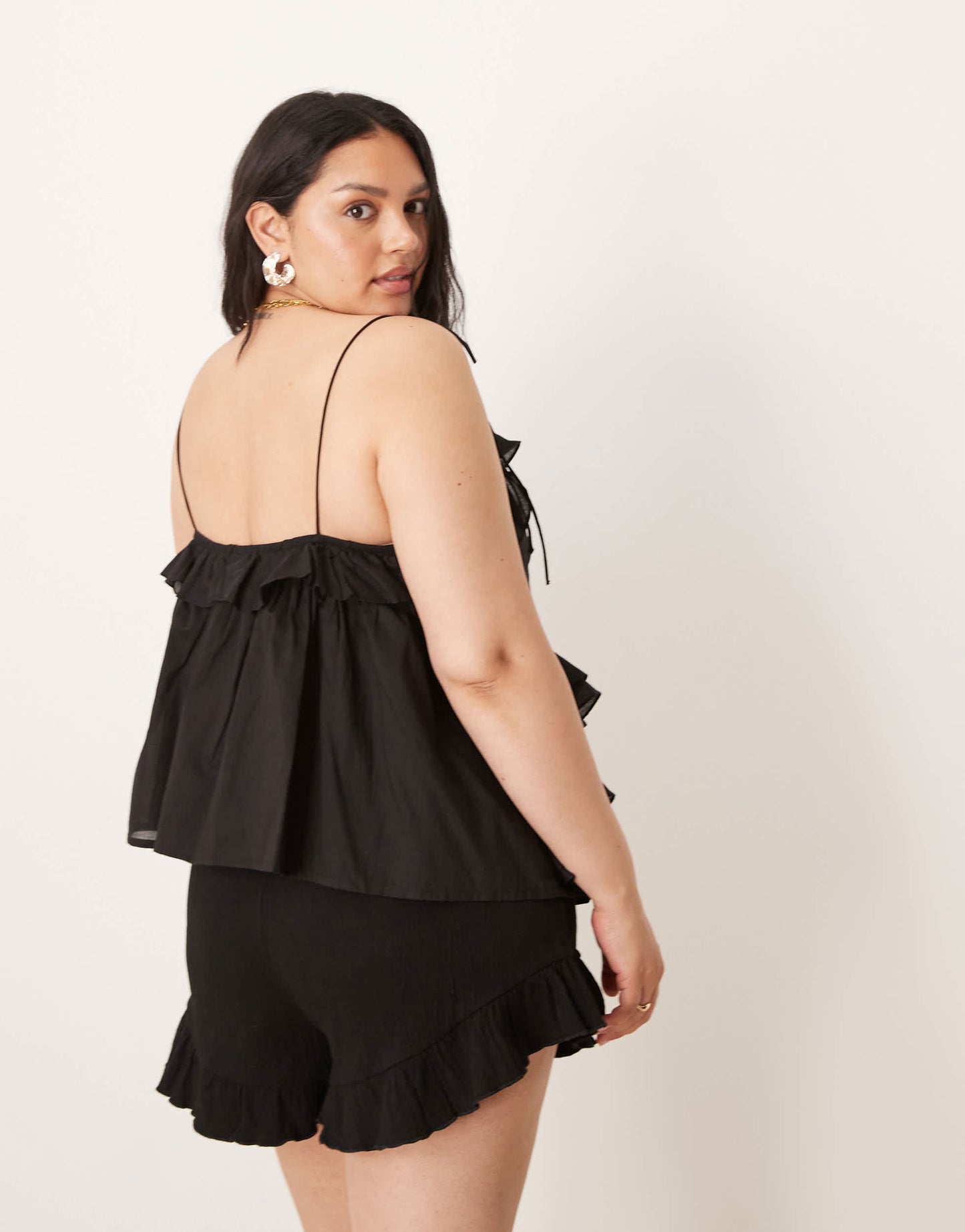 ASOS DESIGN Curve ruffle cami top with tie straps in black