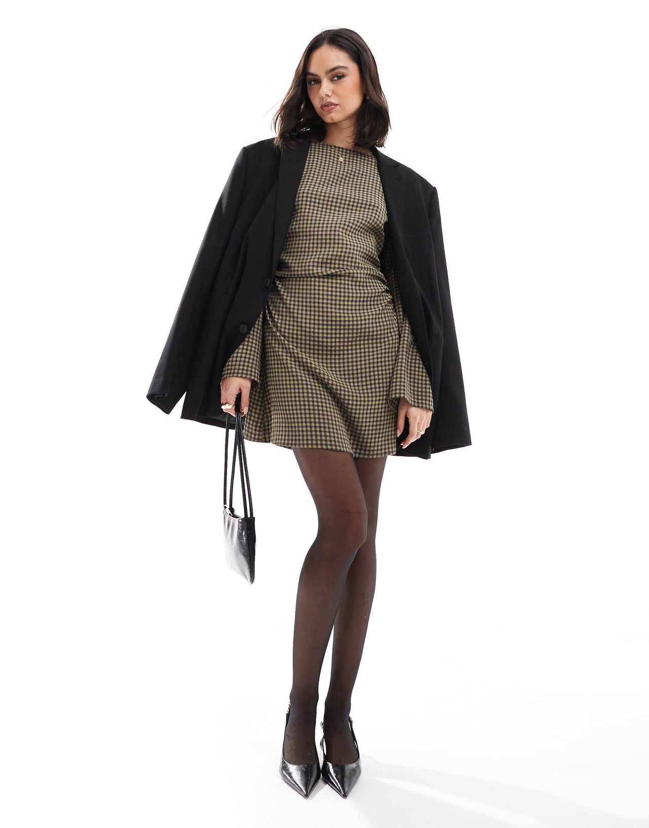 ASOS DESIGN slash neck gathered waist mini dress in khaki gingham