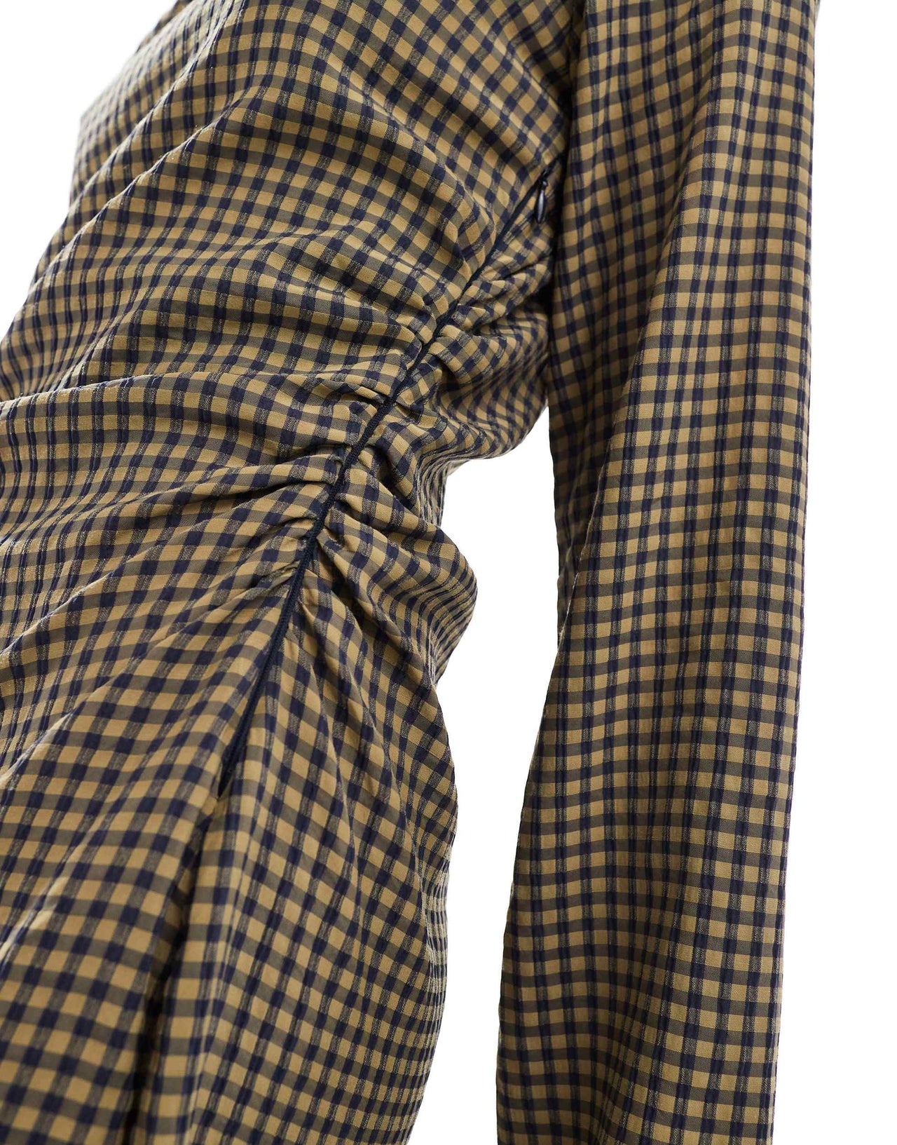 ASOS DESIGN slash neck gathered waist mini dress in khaki gingham