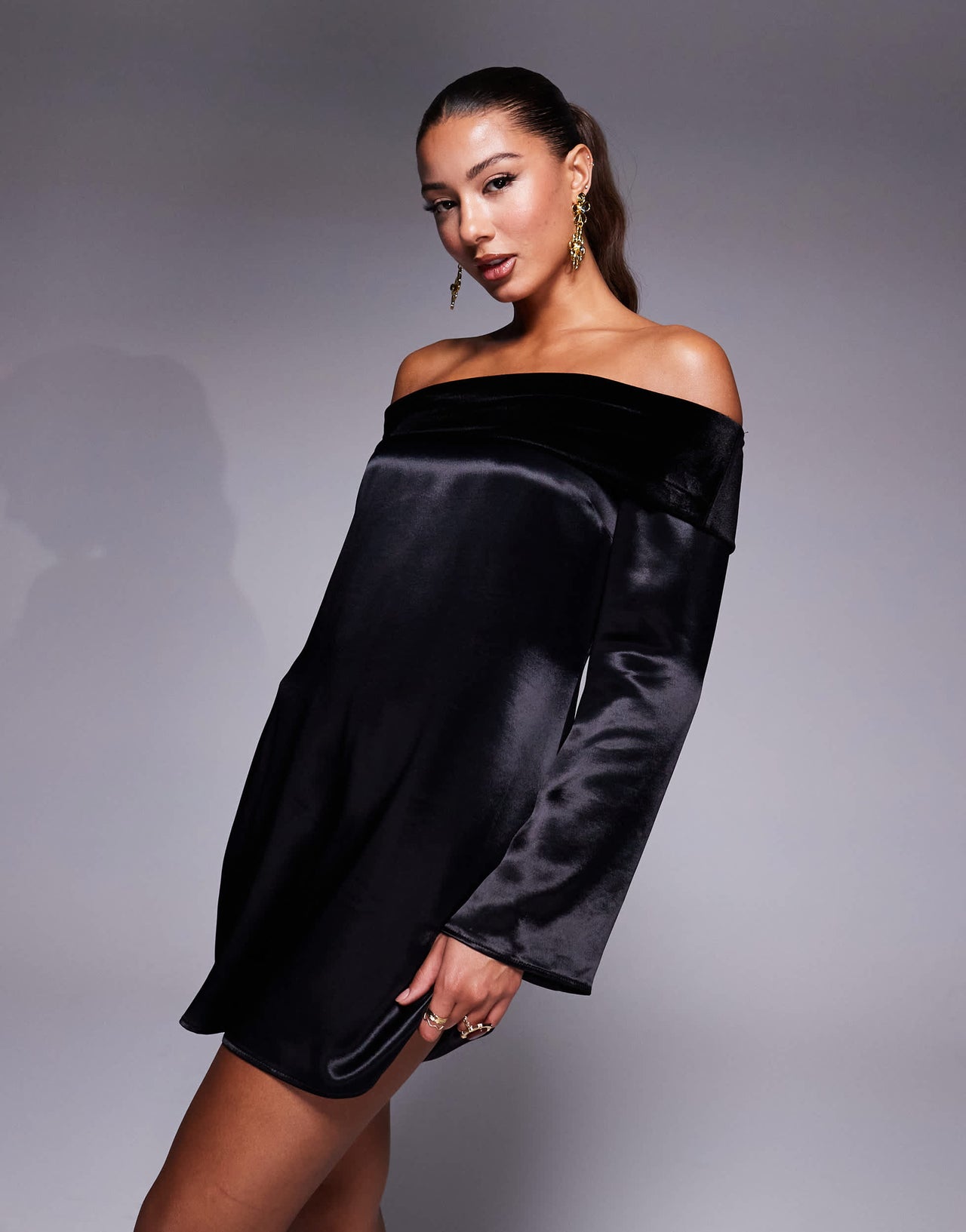 ASOS DESIGN velvet fold over mini dress with angel sleeve in black