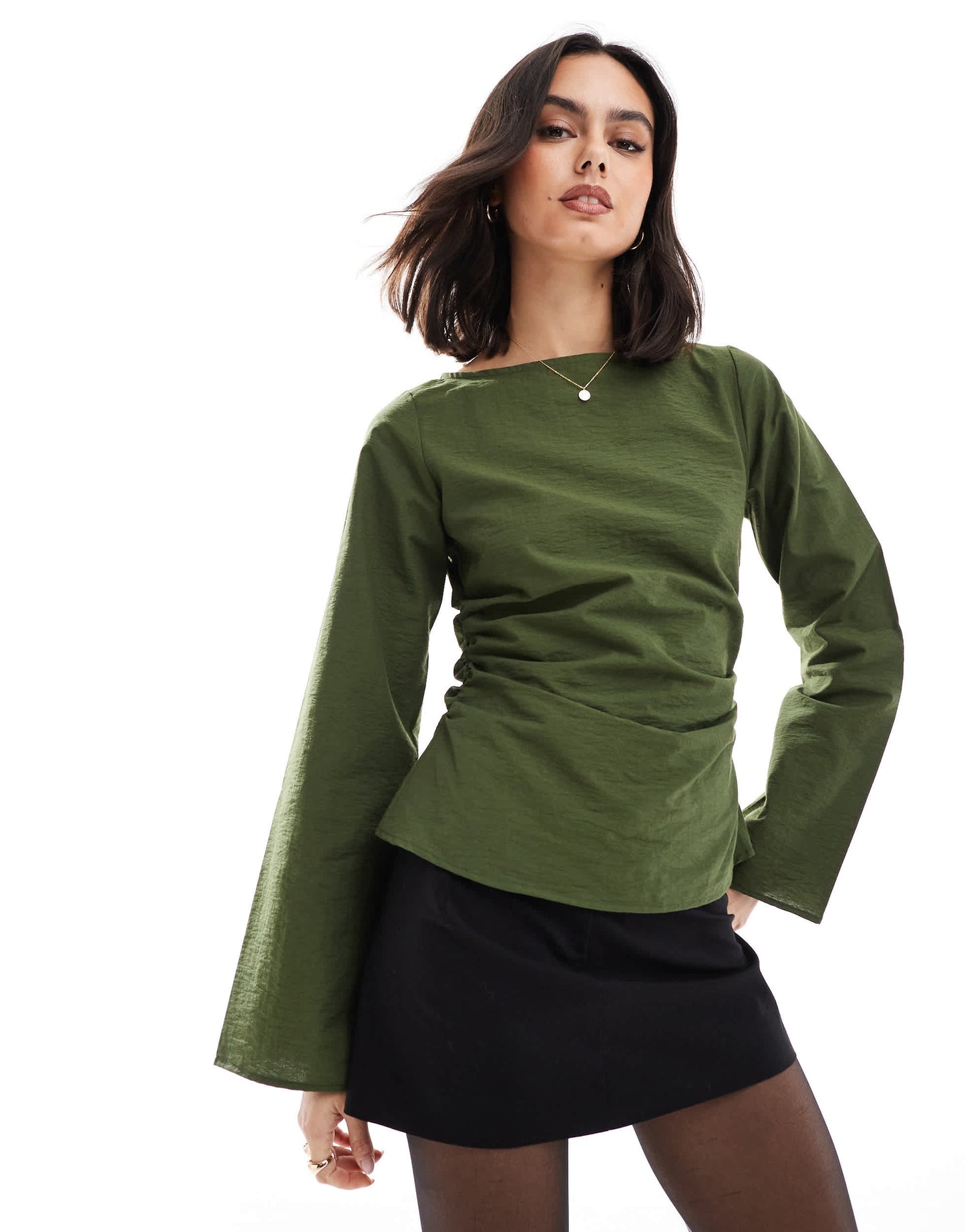 ASOS DESIGN slash neck gathered waist top in green