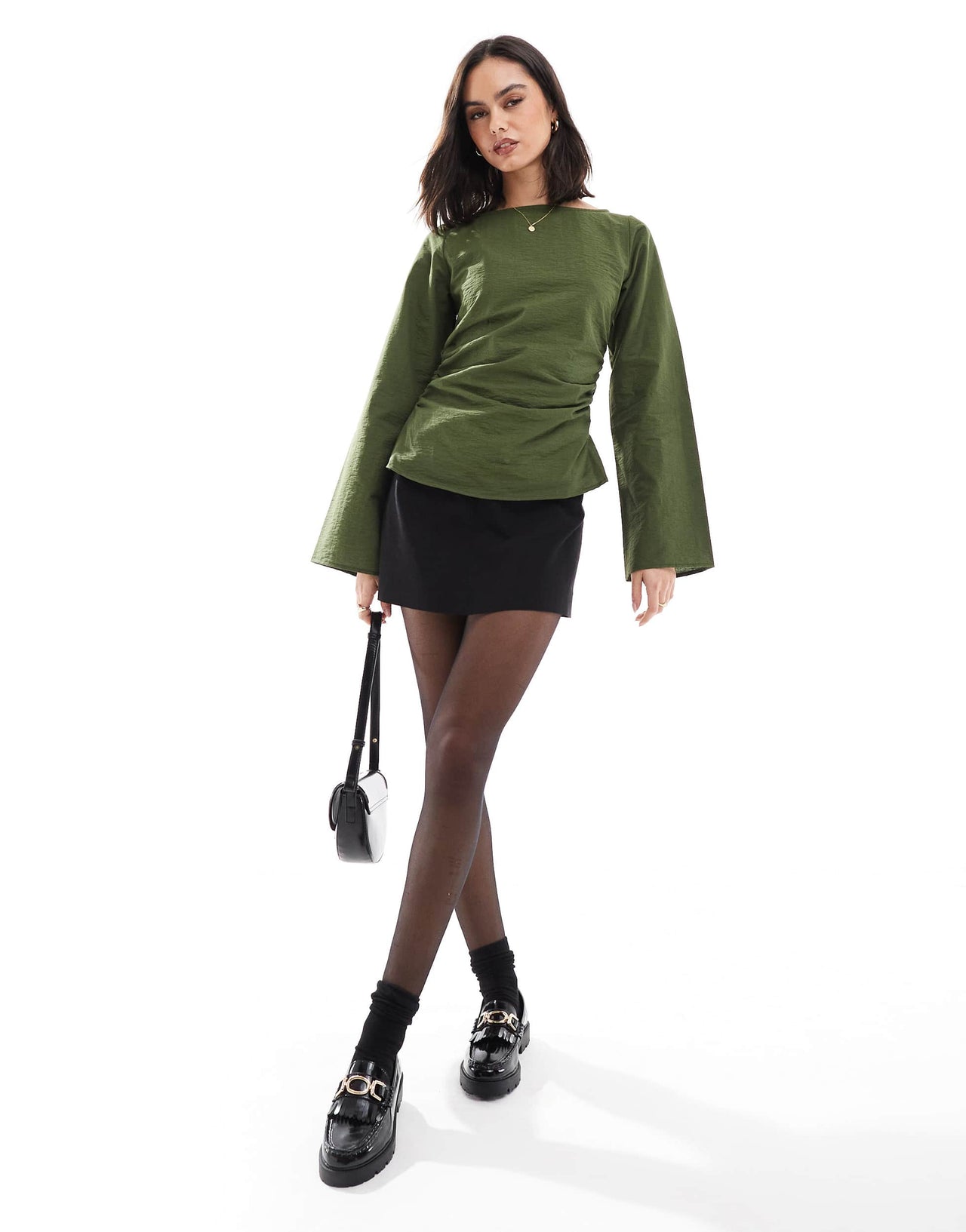 ASOS DESIGN slash neck gathered waist top in green