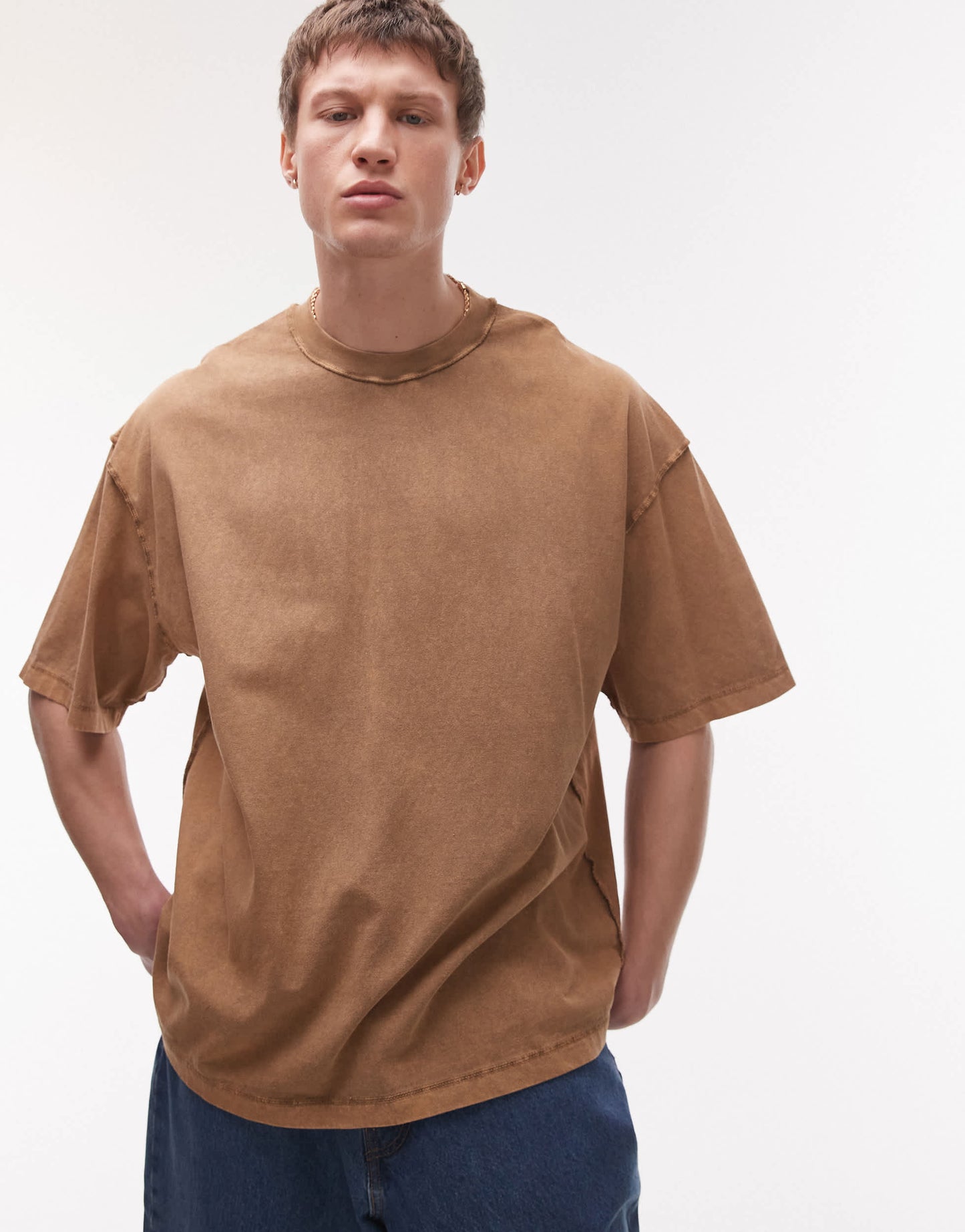 Topman extreme oversized washed raw seam detail t-shirt in brown