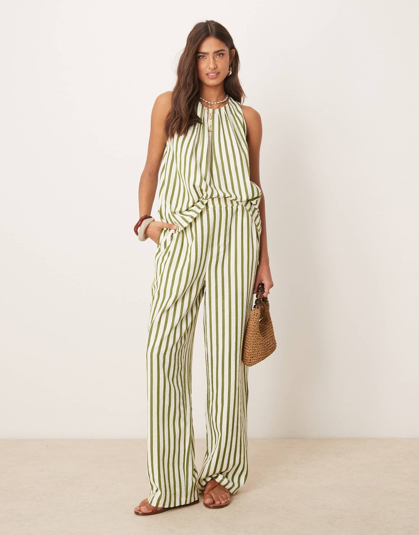 ASOS DESIGN straight leg seersucker trousers co-ord in khaki stripe