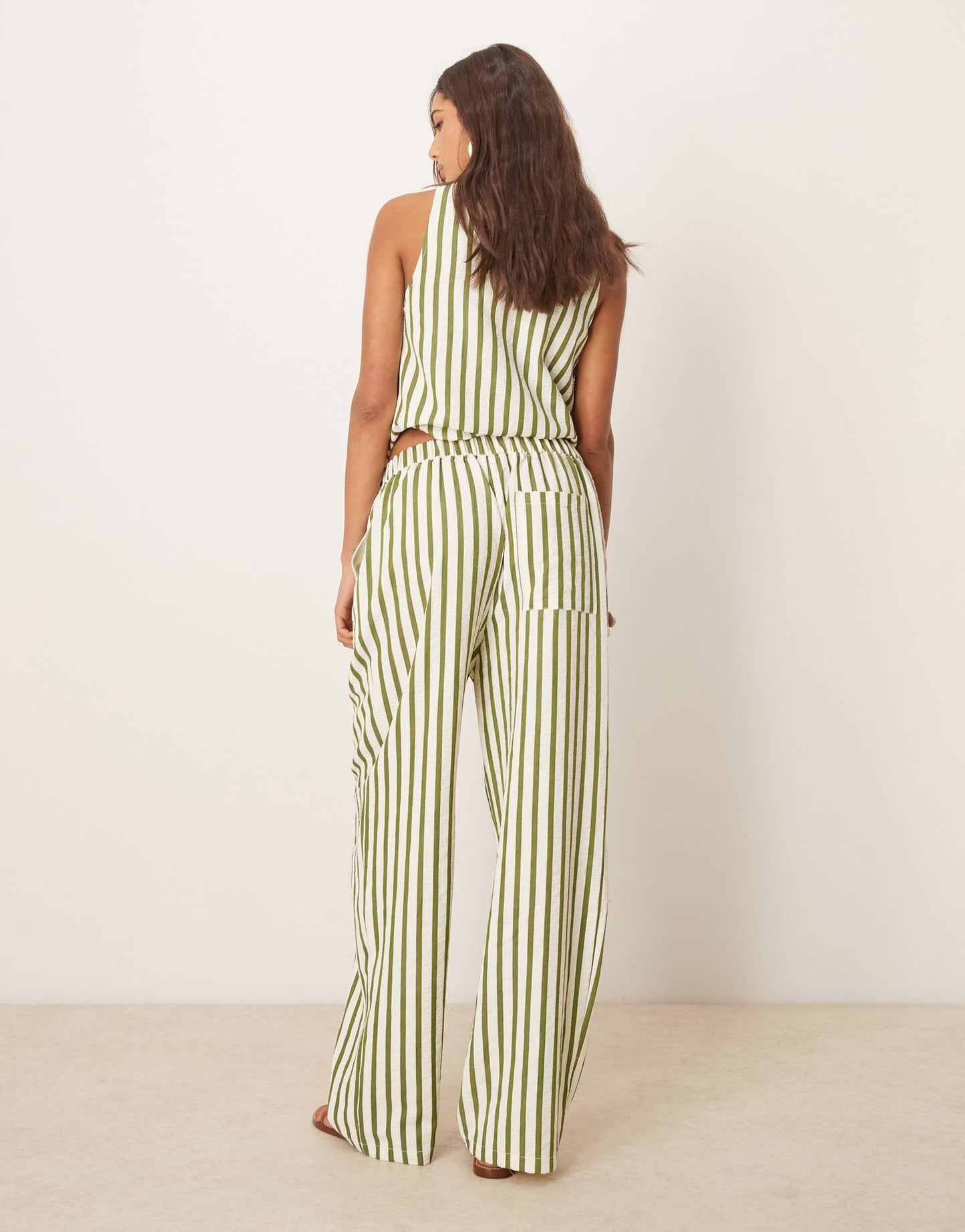 ASOS DESIGN straight leg seersucker trousers co-ord in khaki stripe