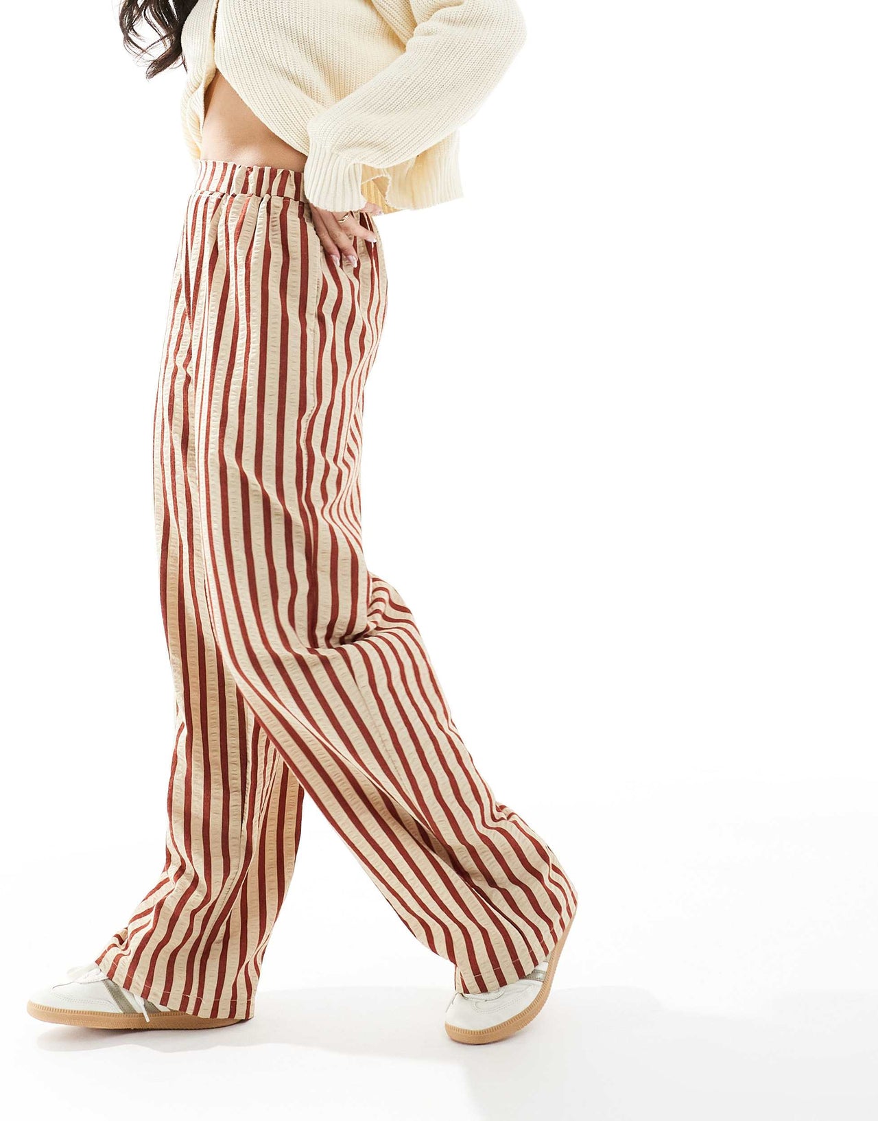 ASOS DESIGN straight leg seersucker trousers in rust stripe