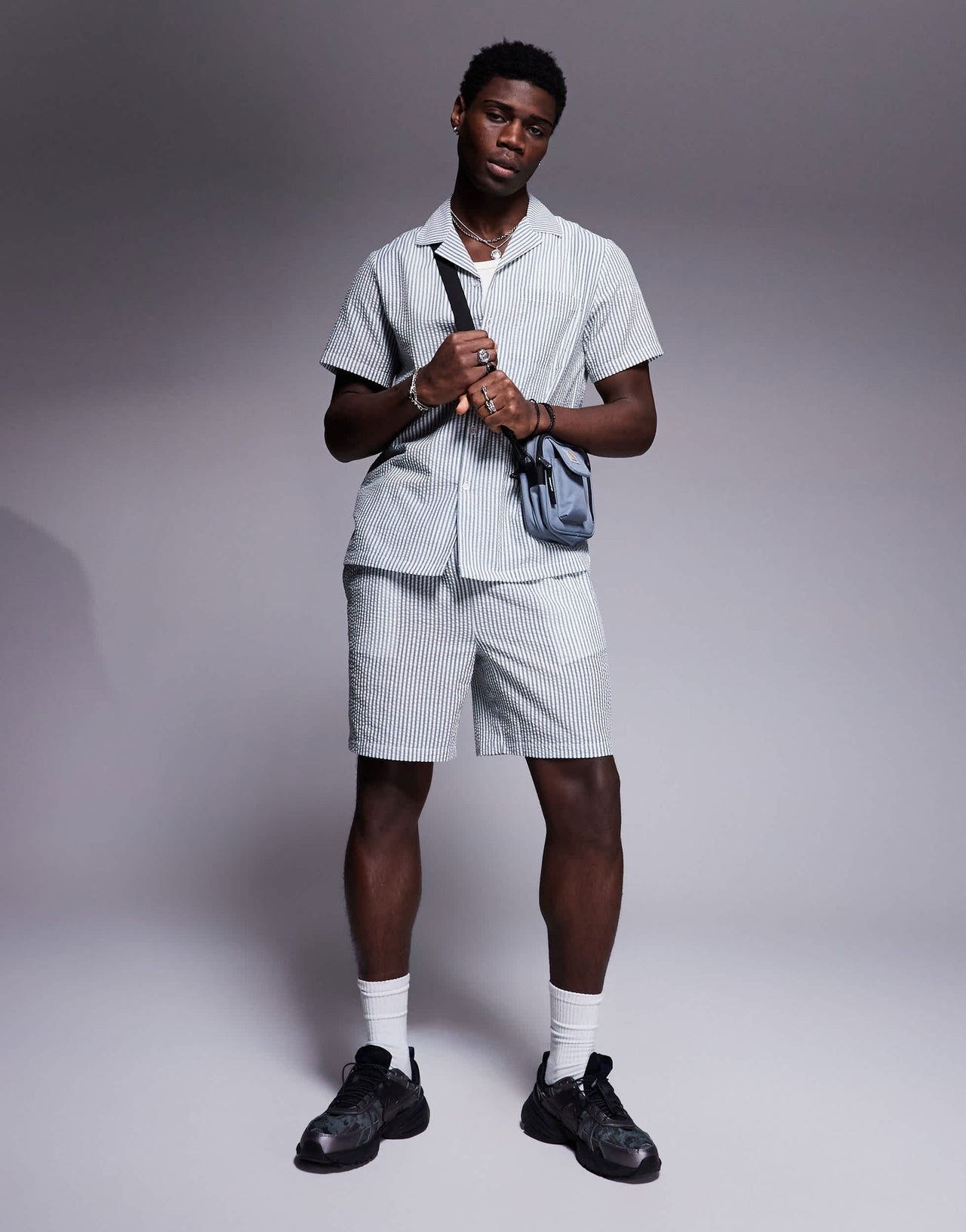 South Beach seersucker beach short co-ord in dark grey