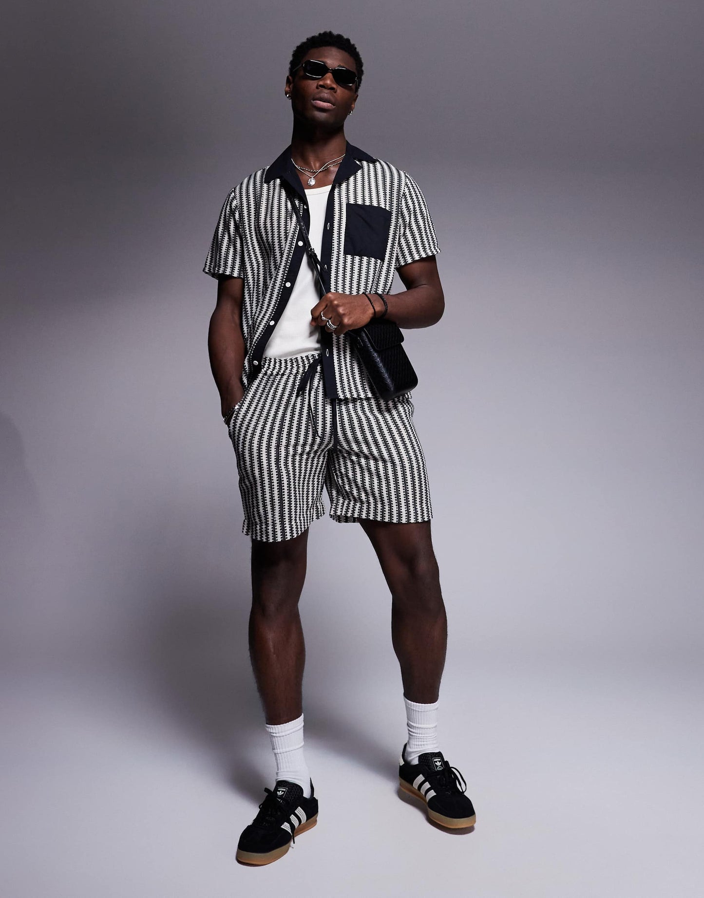 South Beach stripe knit beach short co-ord in black