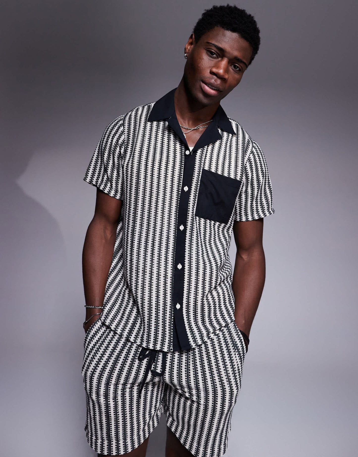 South Beach stripe knit beach short co-ord in black