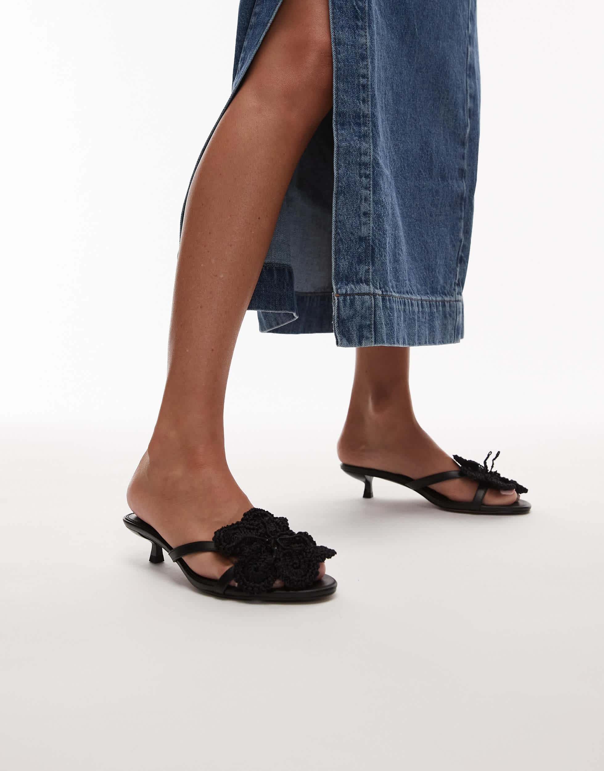Topshop Ish kitten heeled sandal with knitted flower in black