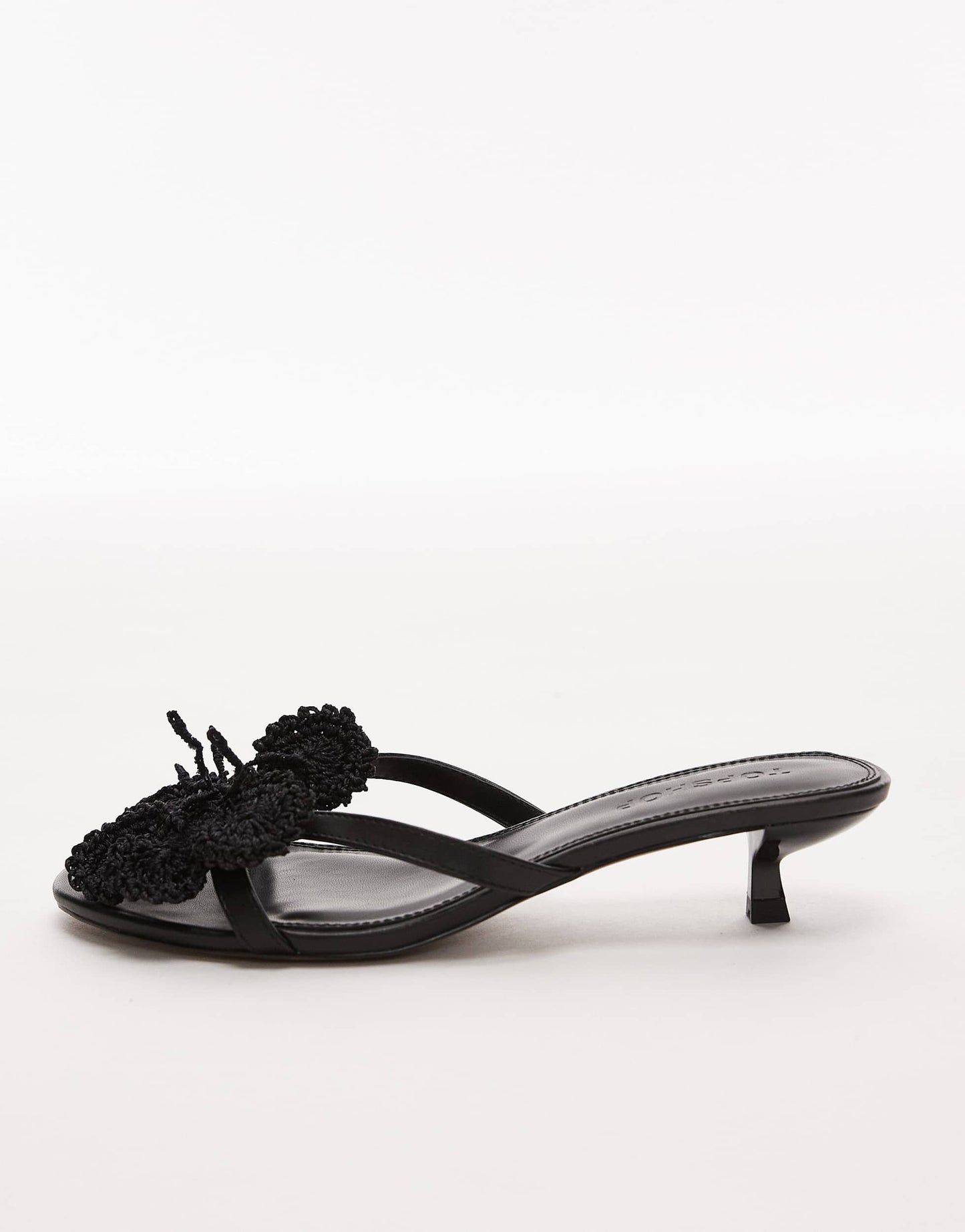 Topshop Ish kitten heeled sandal with knitted flower in black