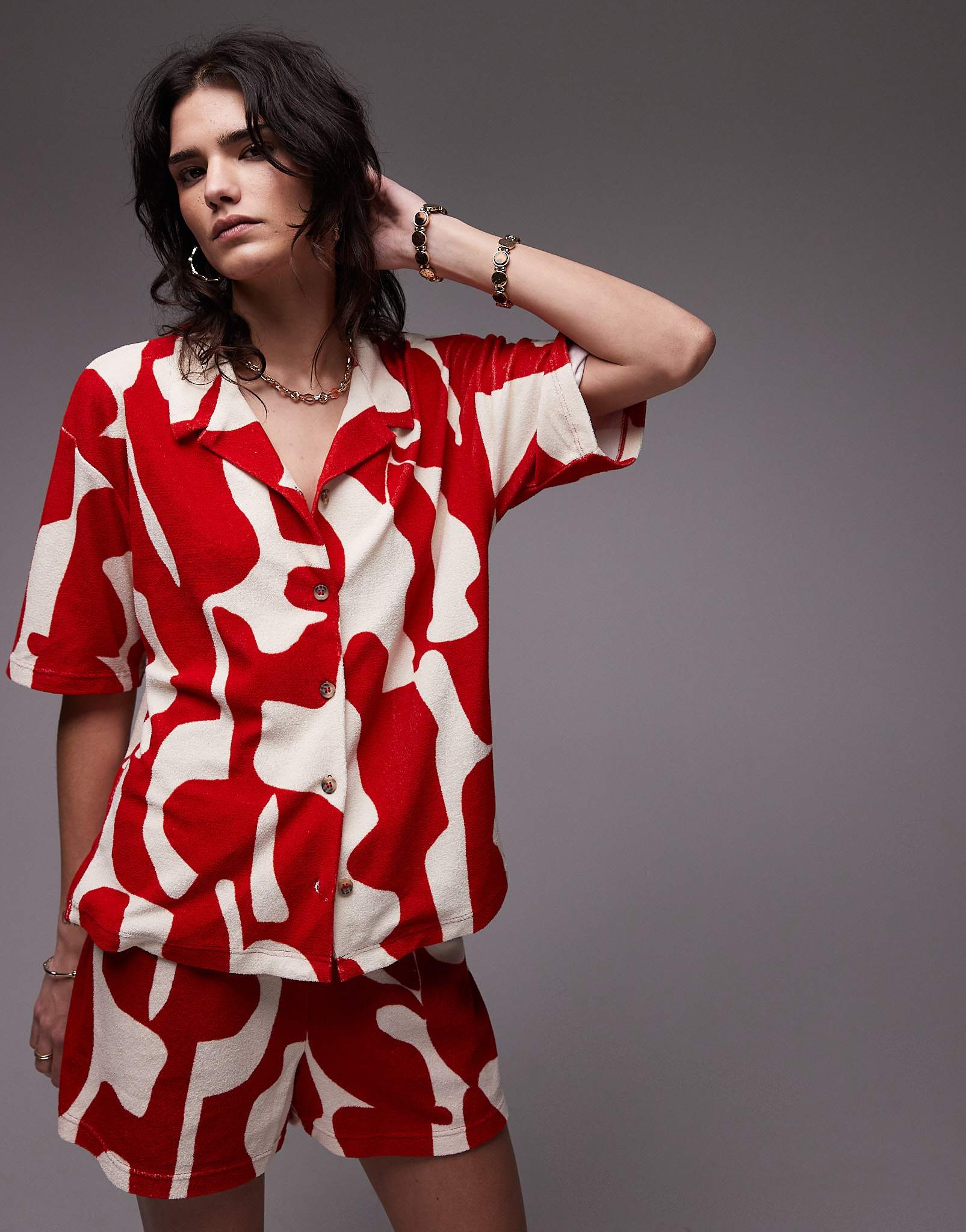 Topshop abstract print towelling boxy shirt co-ord in red