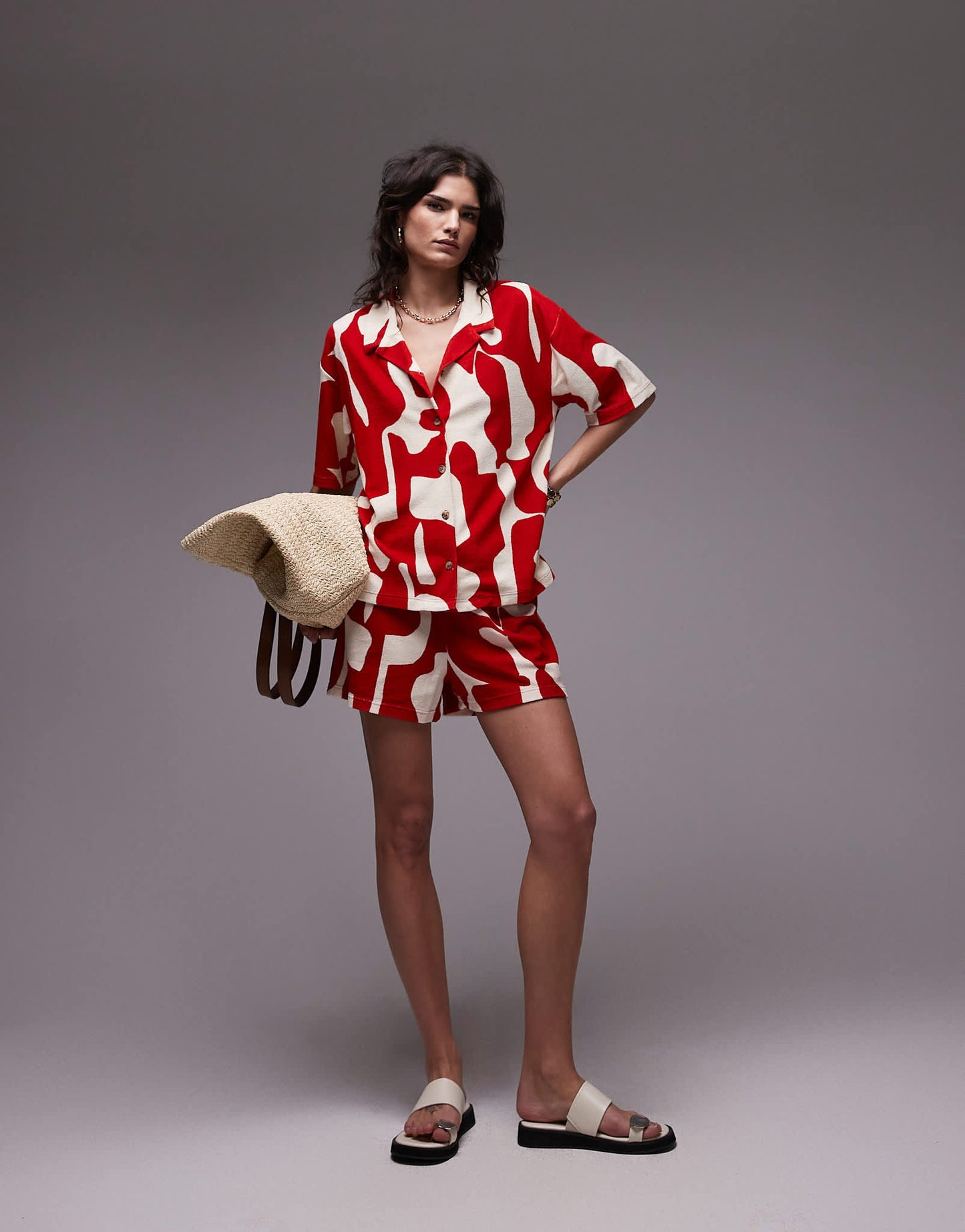 Topshop abstract print towelling boxy shirt co-ord in red
