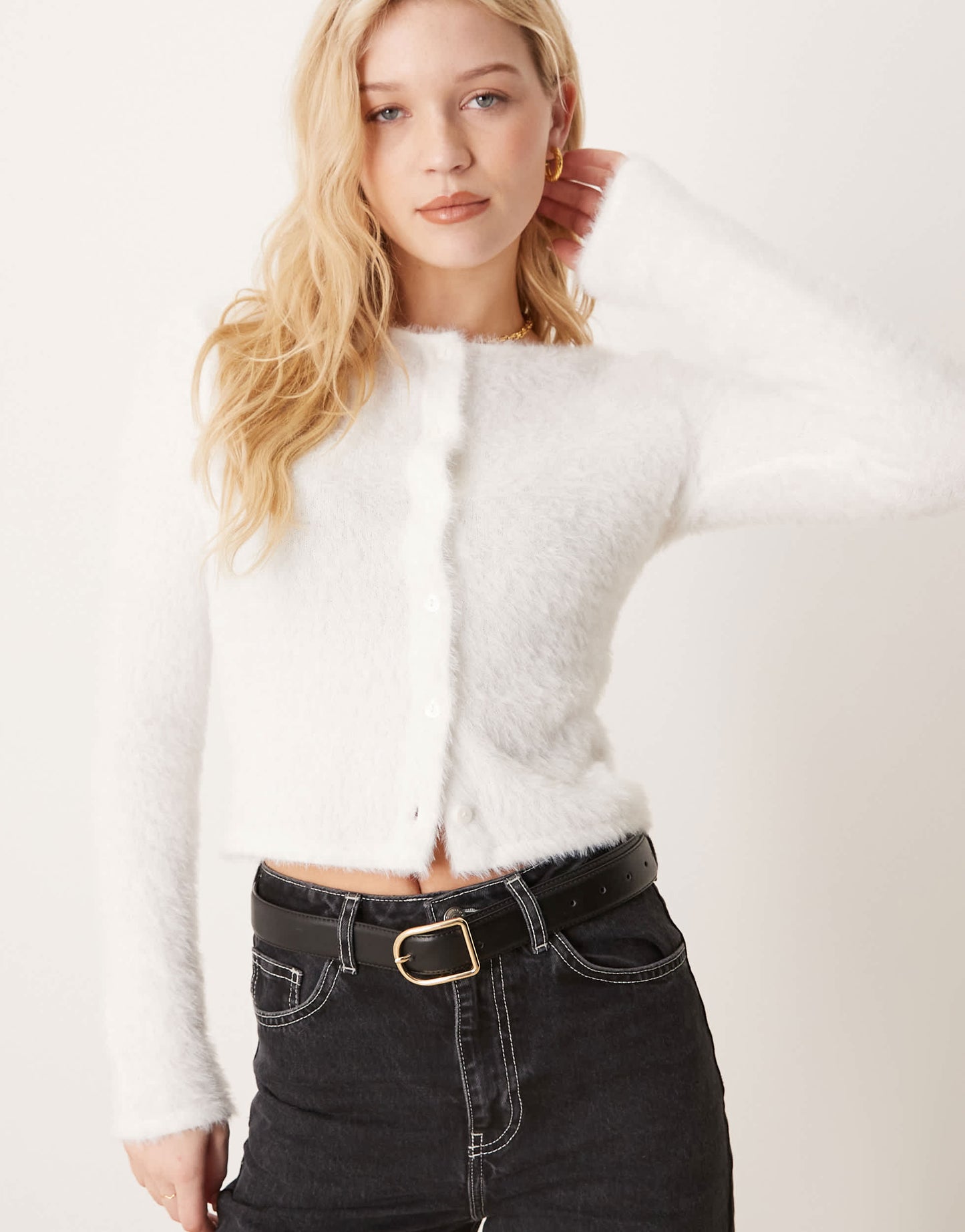 Gina Tricot fluffy knit fitted cardigan with crew neck and button front in off white