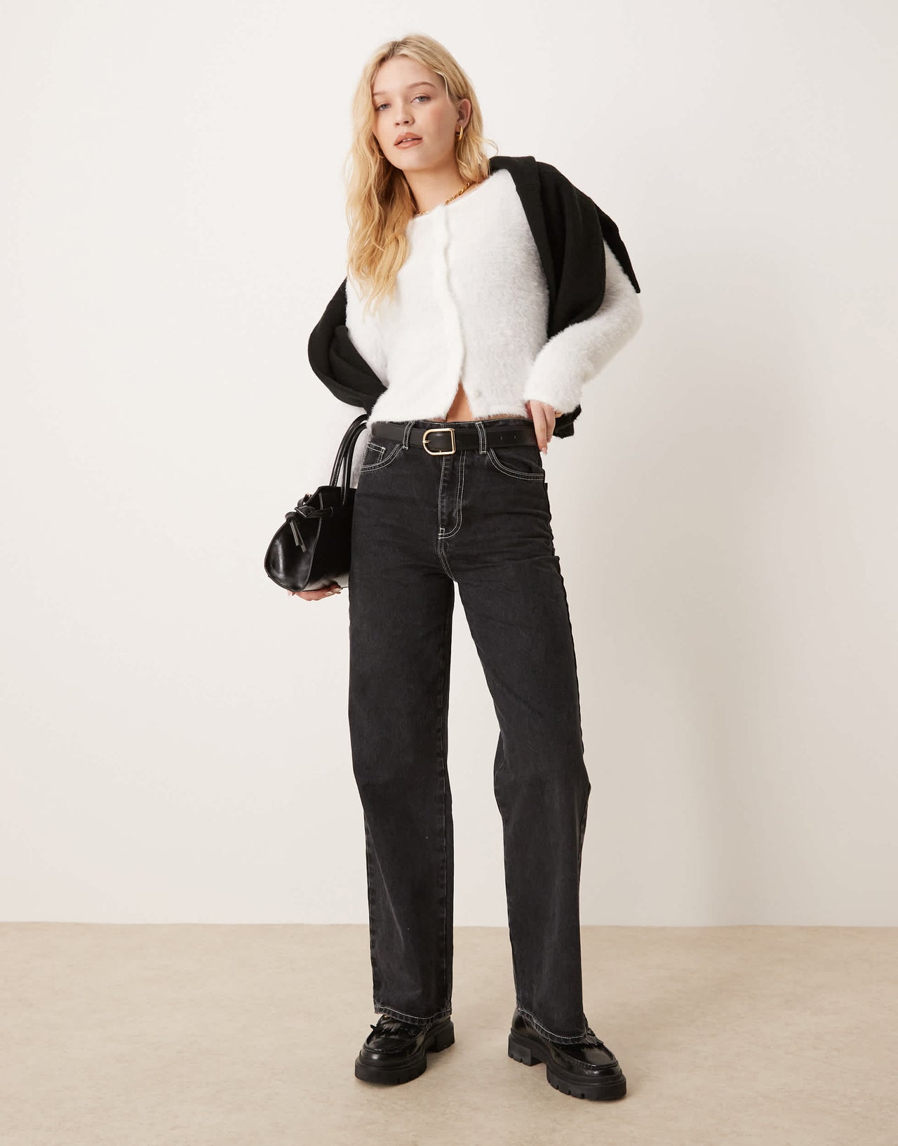 Gina Tricot fluffy knit fitted cardigan with crew neck and button front in off white