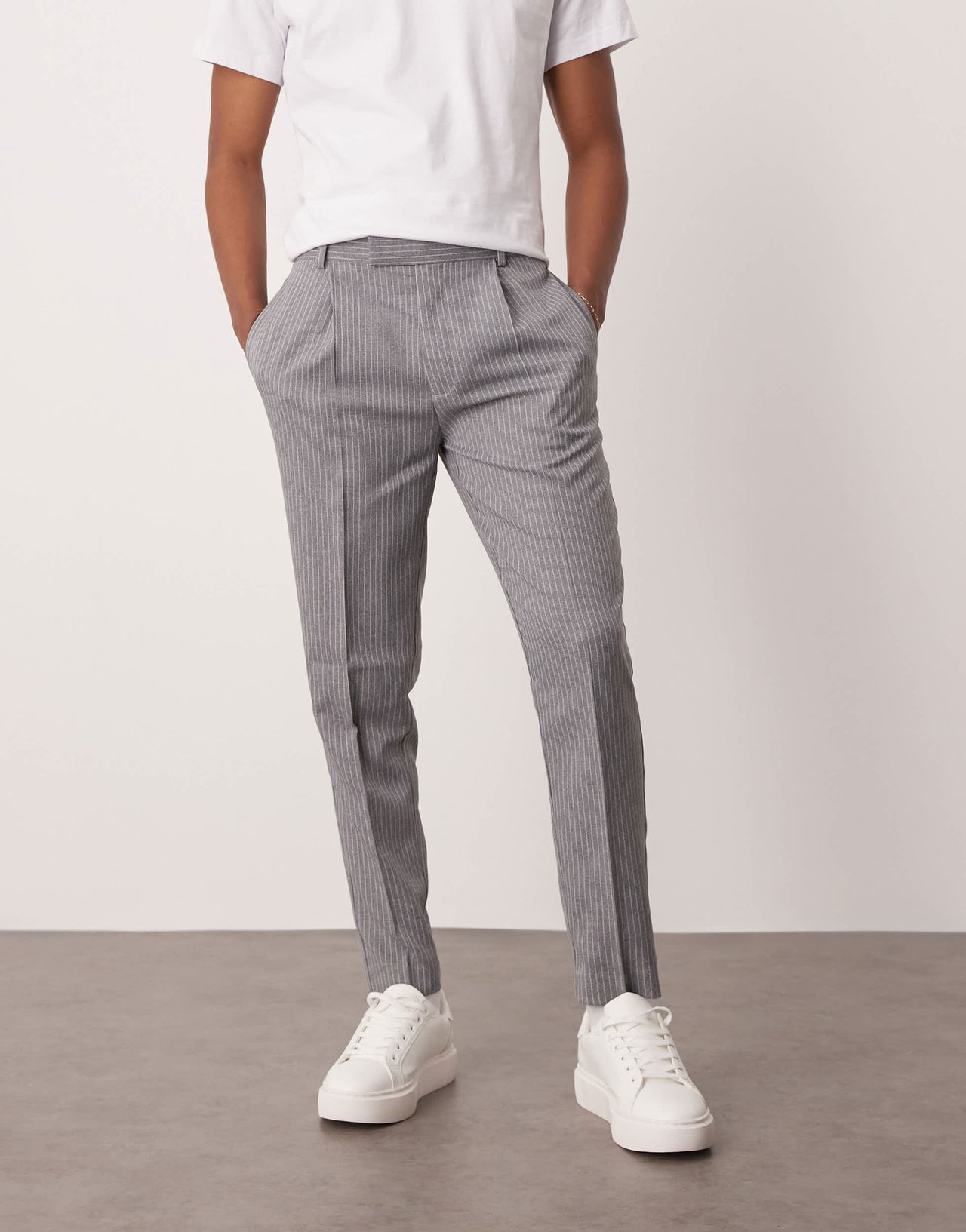 ASOS DESIGN tapered suit trousers in grey pinstripe