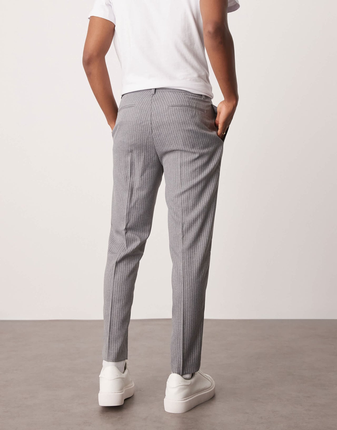 ASOS DESIGN tapered suit trousers in grey pinstripe
