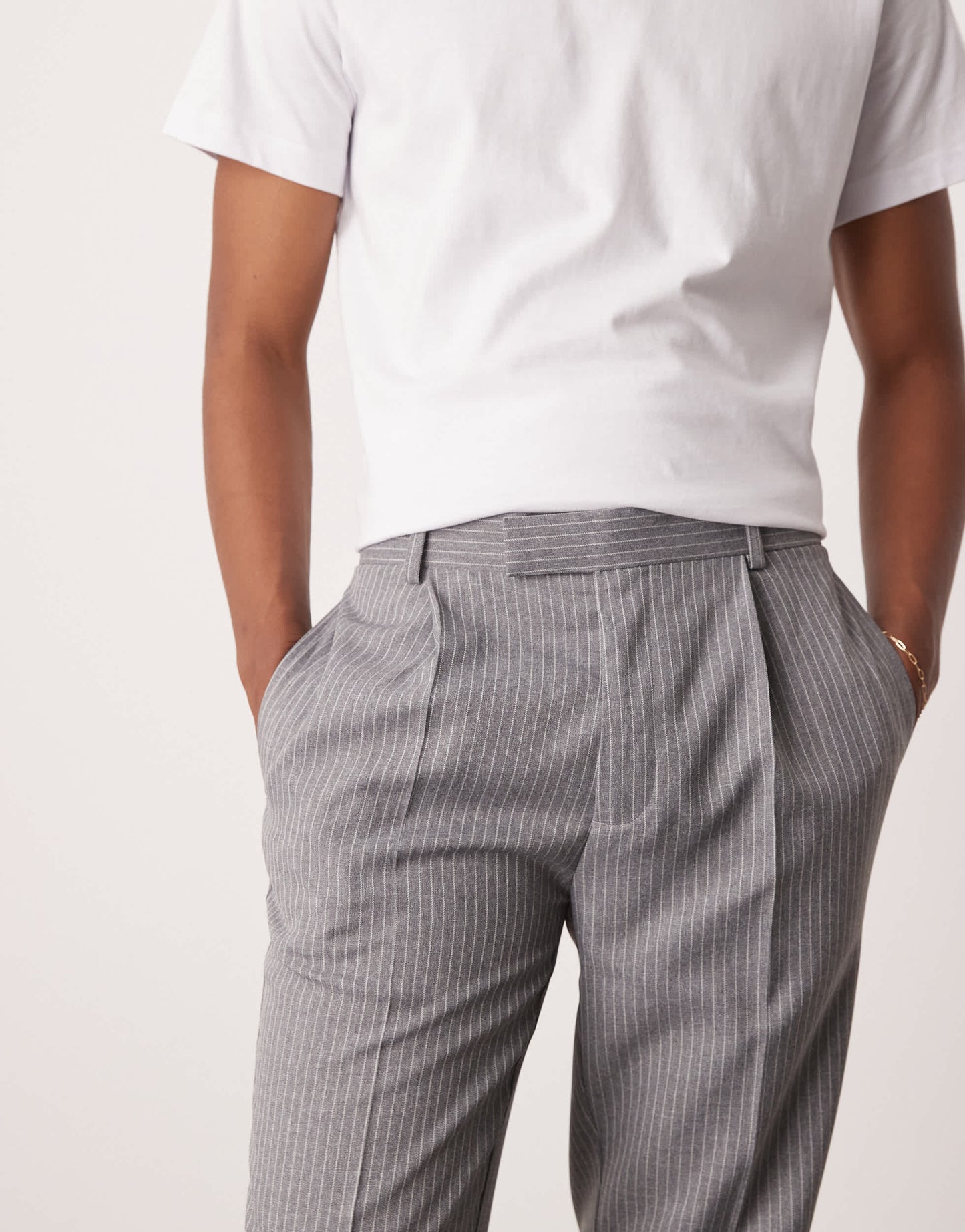ASOS DESIGN tapered suit trousers in grey pinstripe