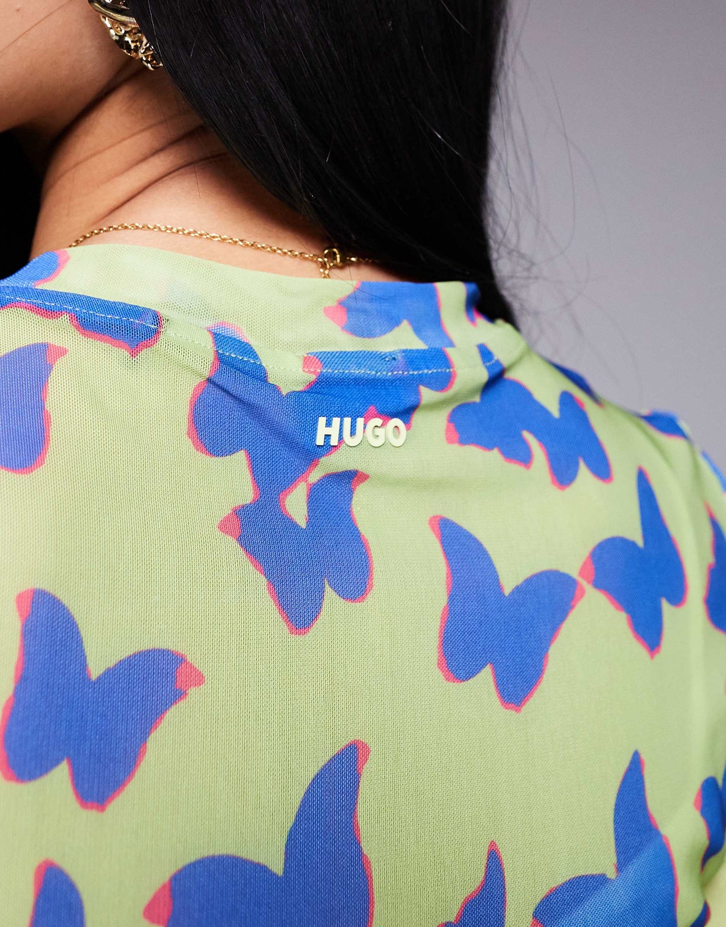 Hugo Blue mesh print short sleeve dress in green with butterfly print