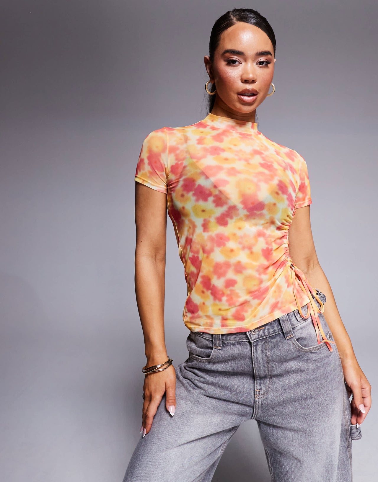 Hugo Red mesh high neck floral t-shirt in yellow and pink with ruched tie side