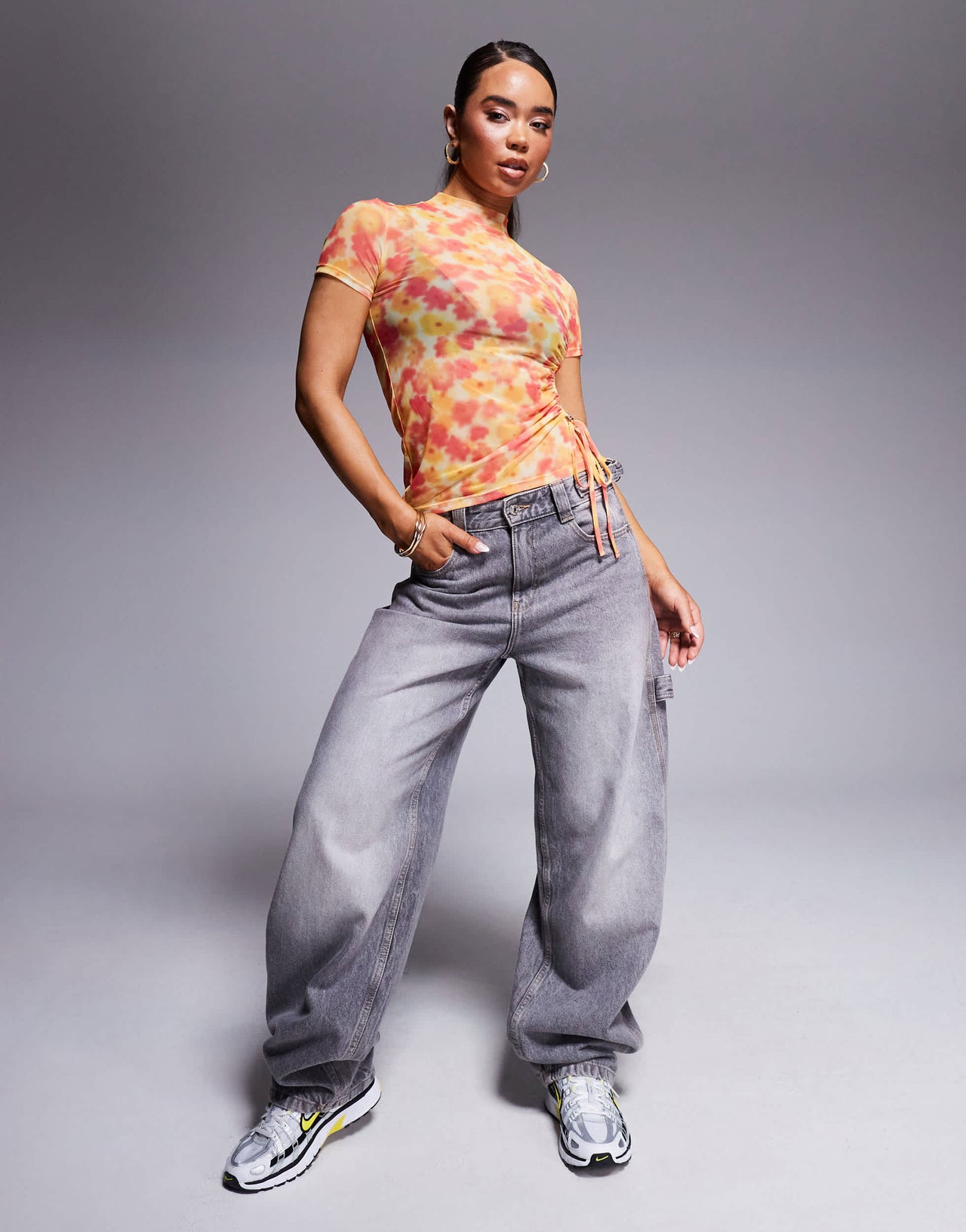 Hugo Red mesh high neck floral t-shirt in yellow and pink with ruched tie side