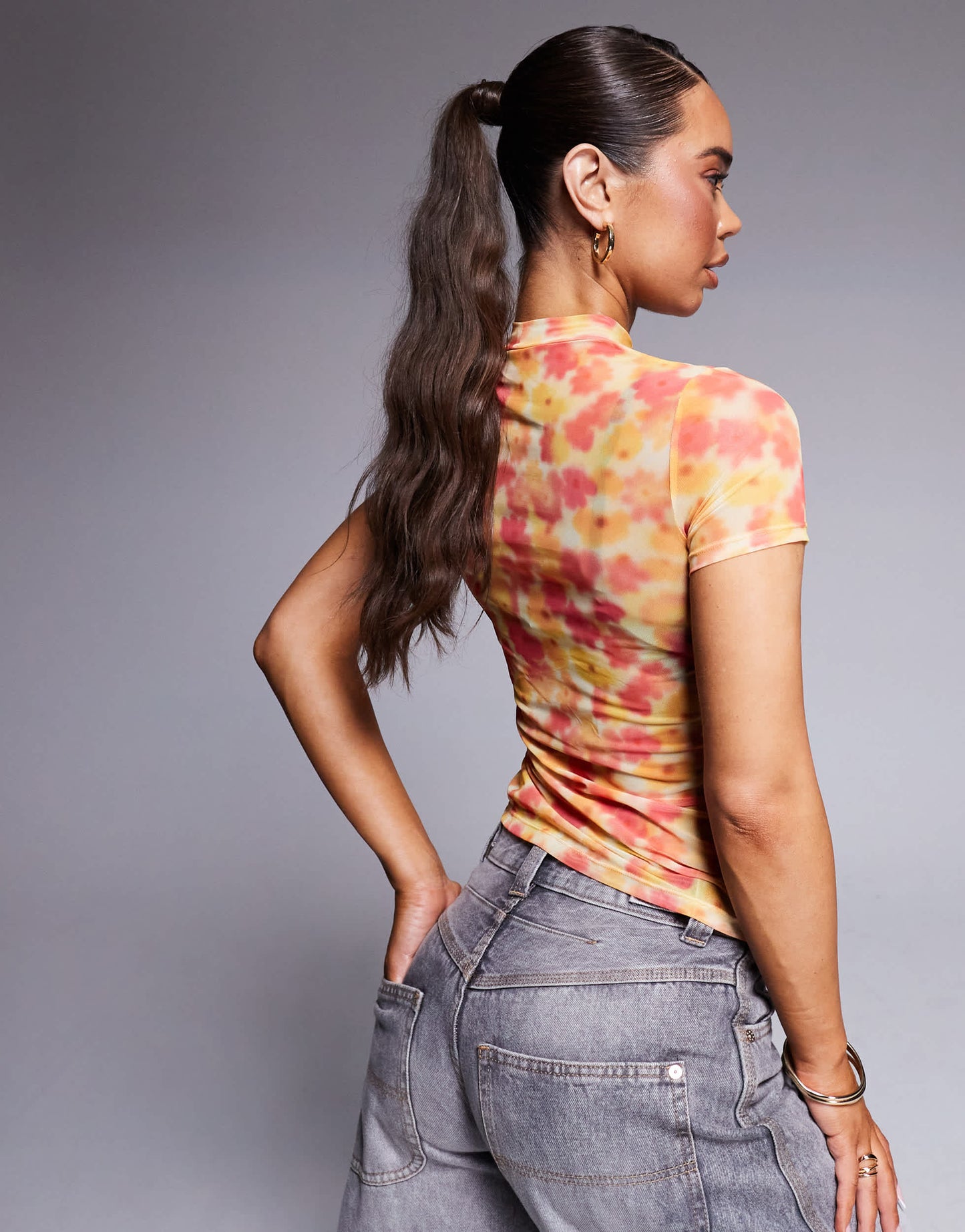 Hugo Red mesh high neck floral t-shirt in yellow and pink with ruched tie side