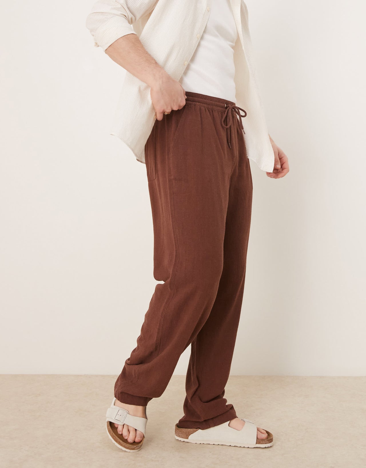 ASOS DESIGN baggy fit pull on linen rich trouser in brown