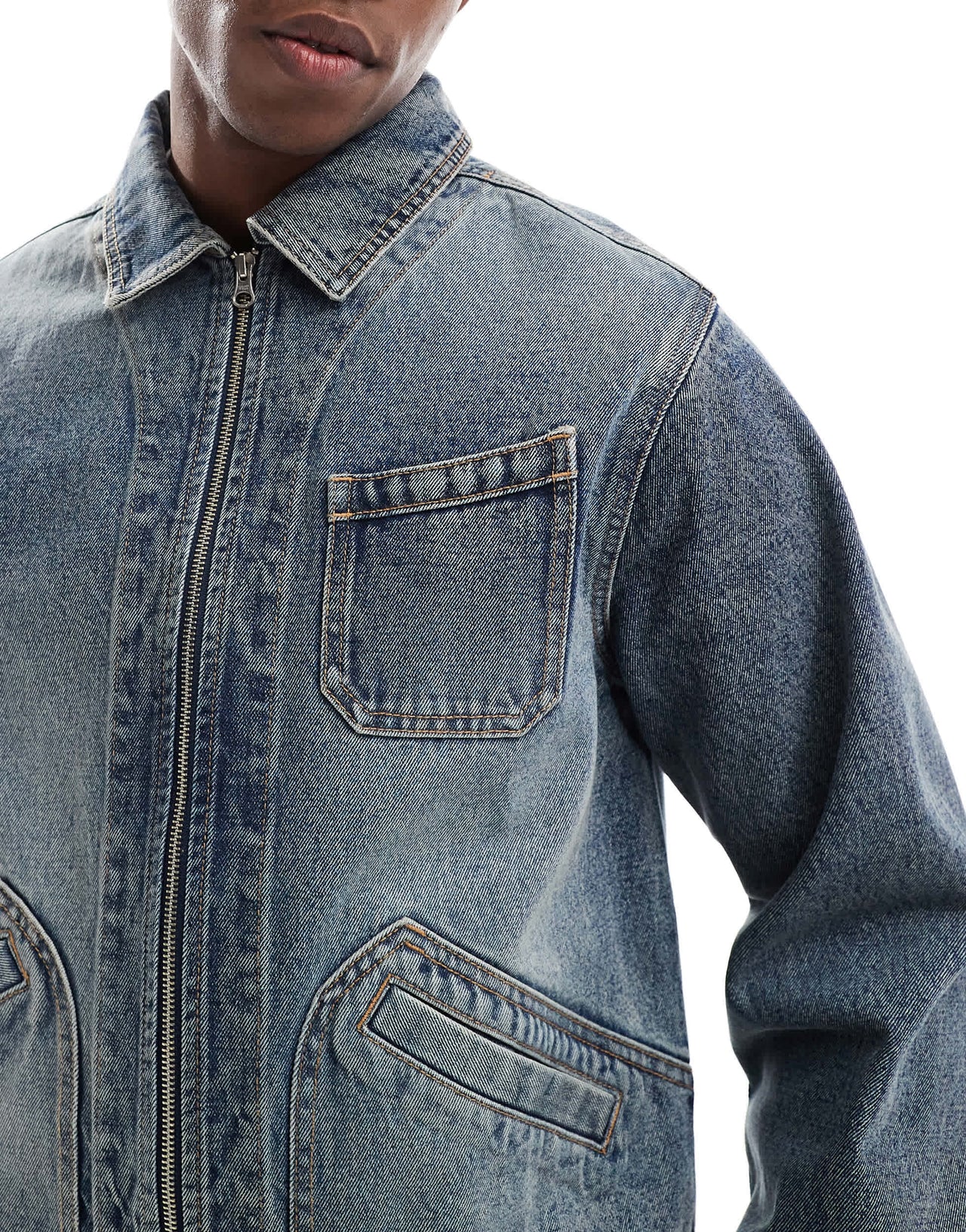 ASOS DESIGN denim boxy harrington jacket in mid wash blue