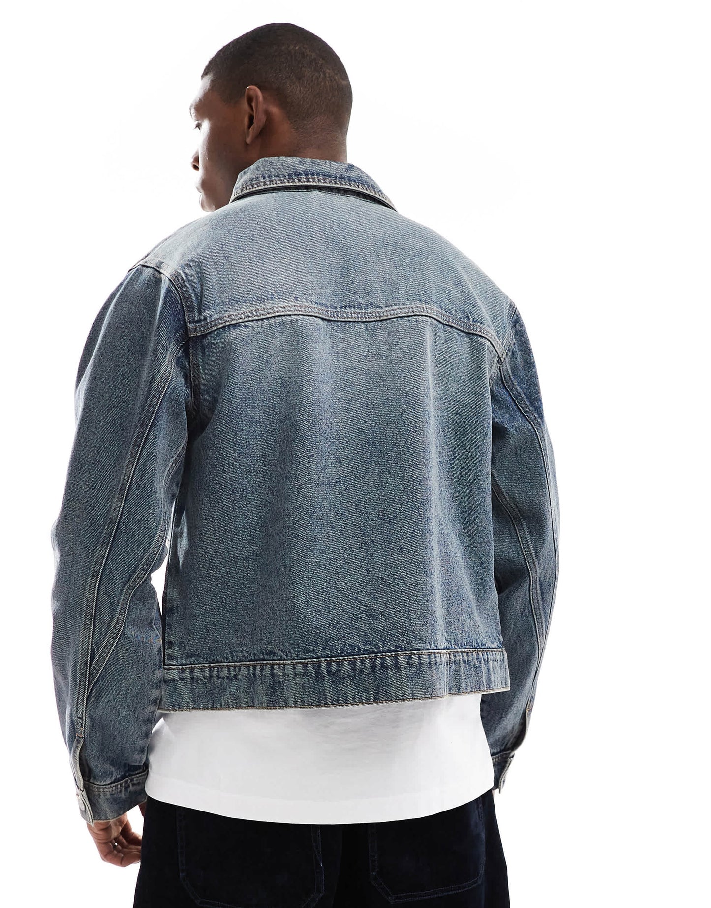 ASOS DESIGN denim boxy harrington jacket in mid wash blue