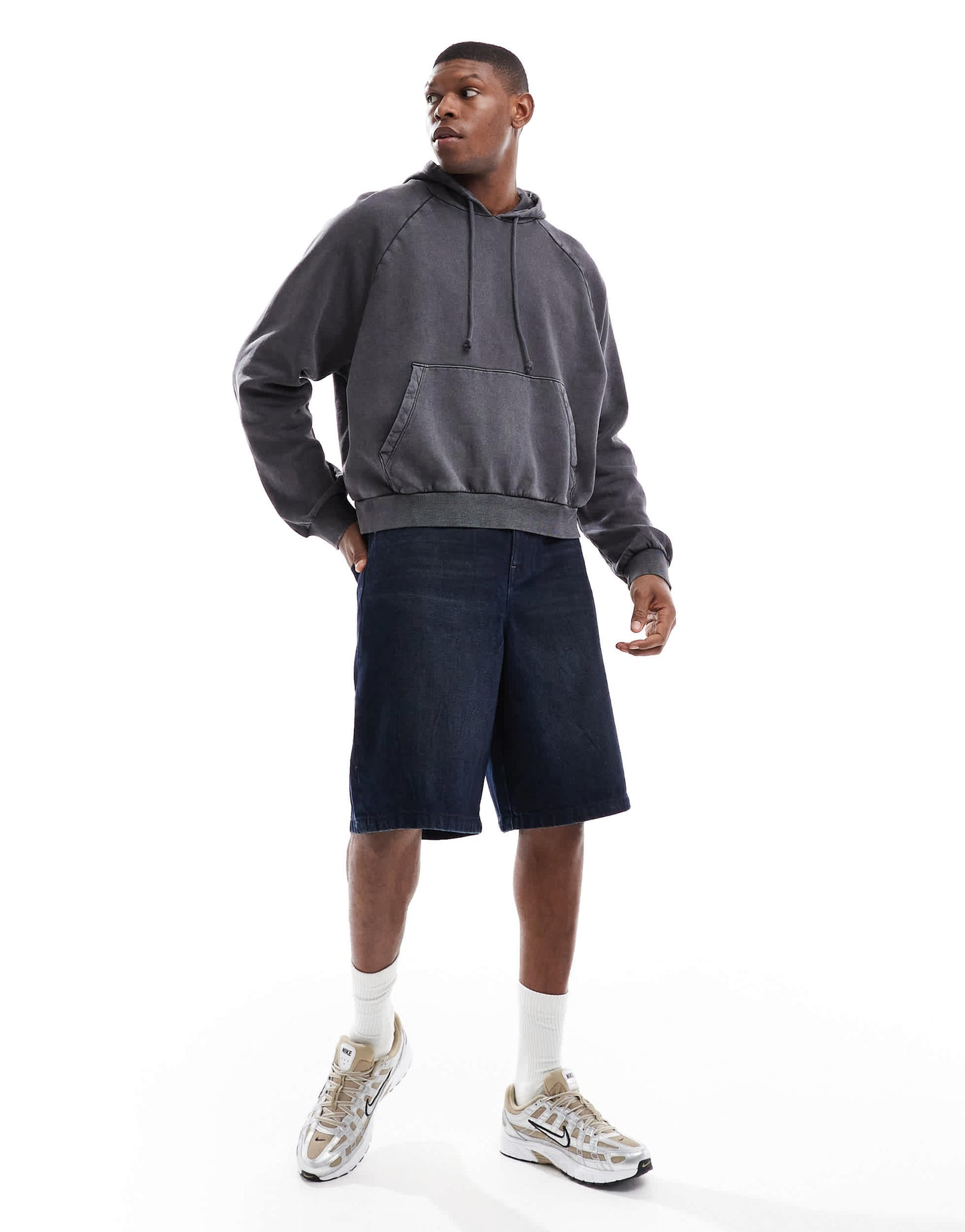ASOS DESIGN longer length denim jorts in mid wash blue