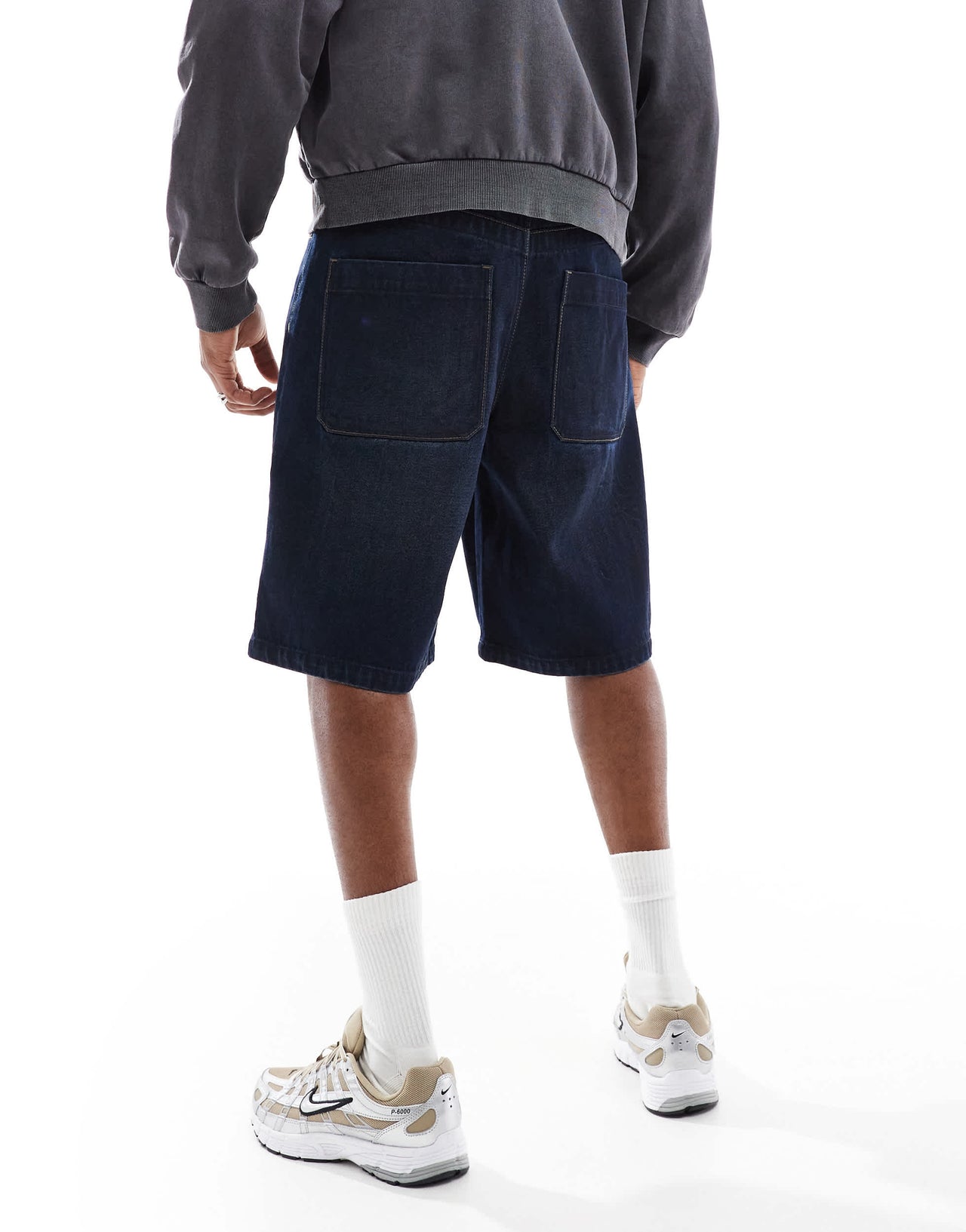 ASOS DESIGN longer length denim jorts in mid wash blue