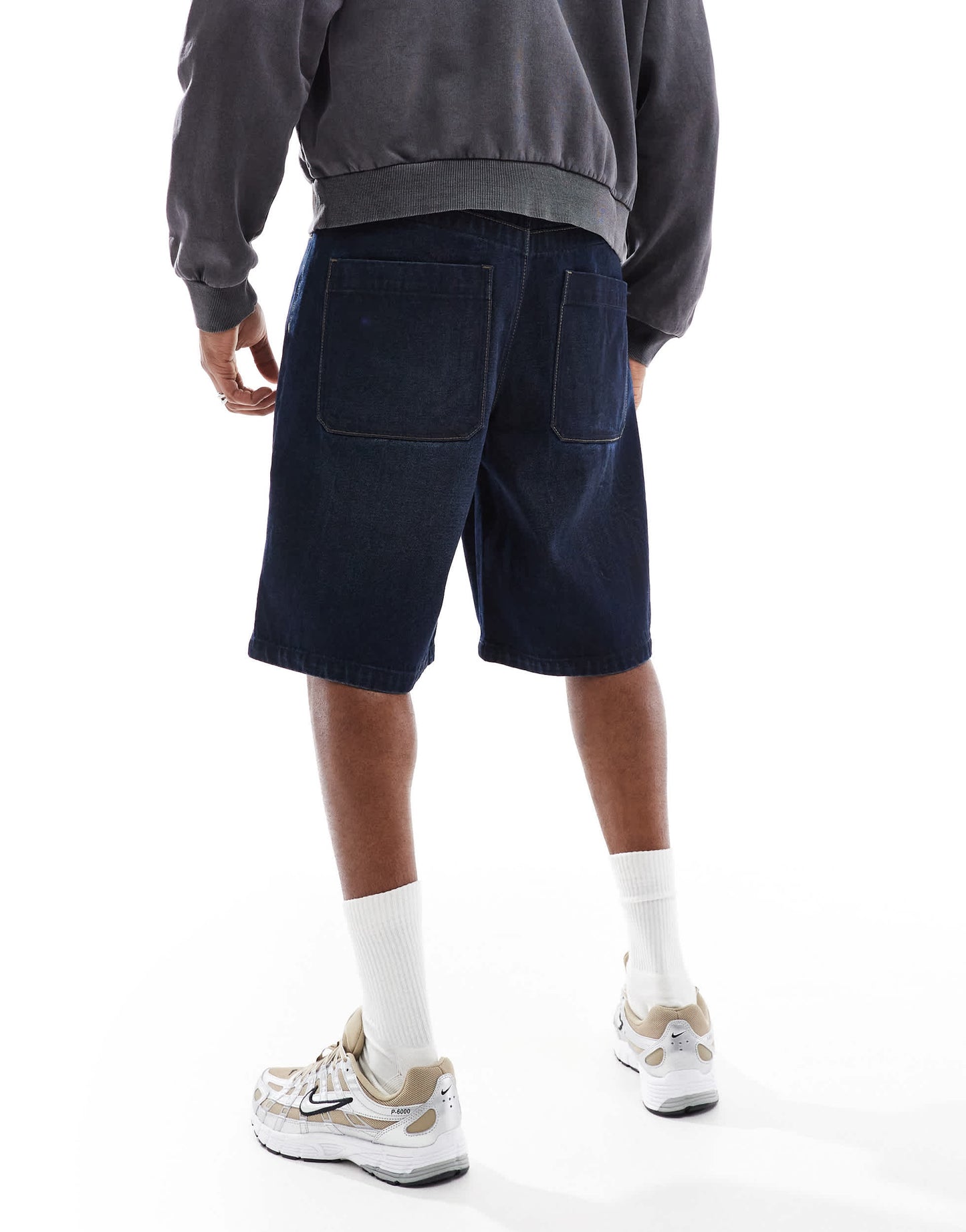 ASOS DESIGN longer length denim jorts in mid wash blue
