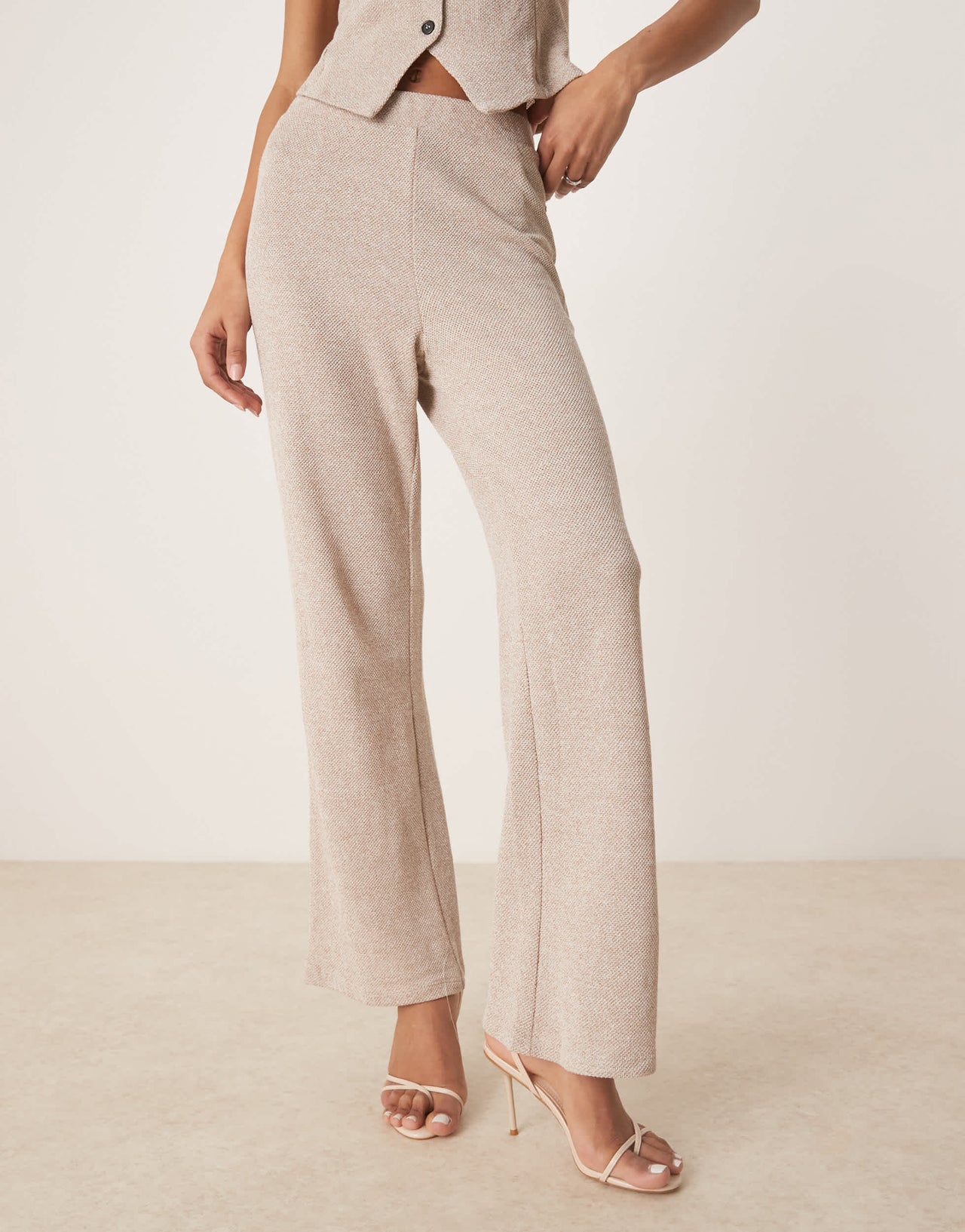 Vila textured jersey wide leg trouser co-ord in light natural melange