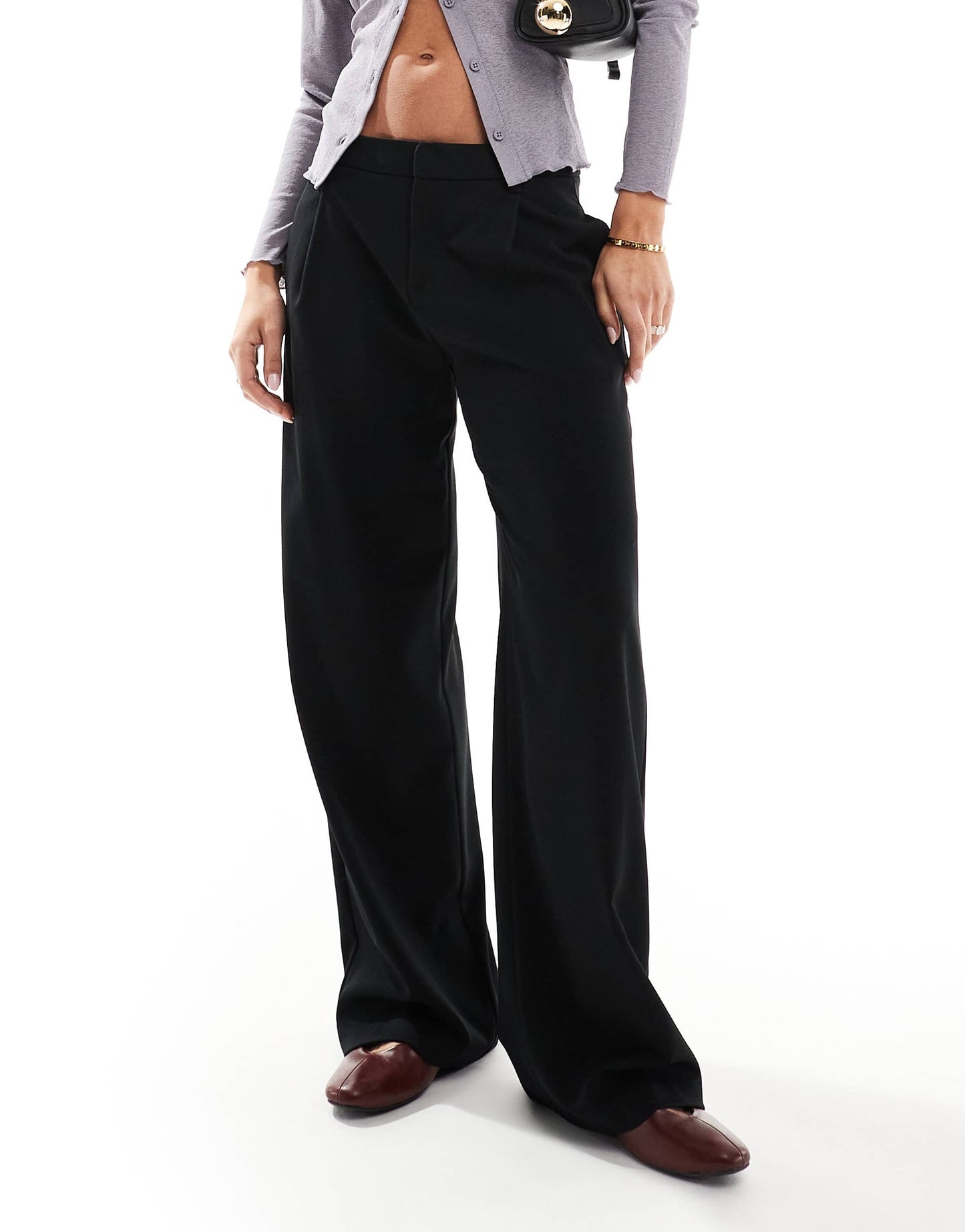 Bershka low rise wide leg tailored trousers in black