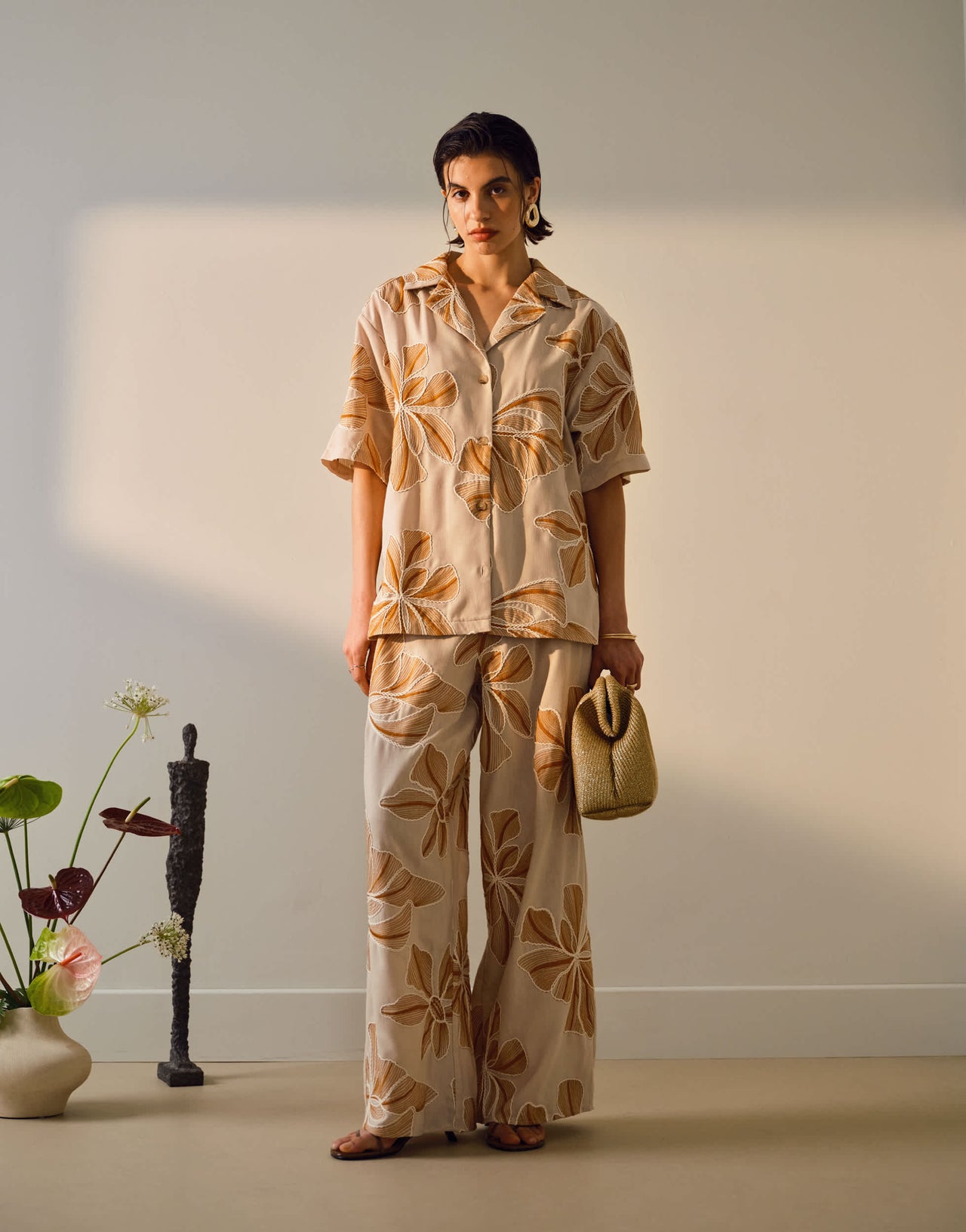 Topshop co ord low rise linen stitch detail floral trouser in brown