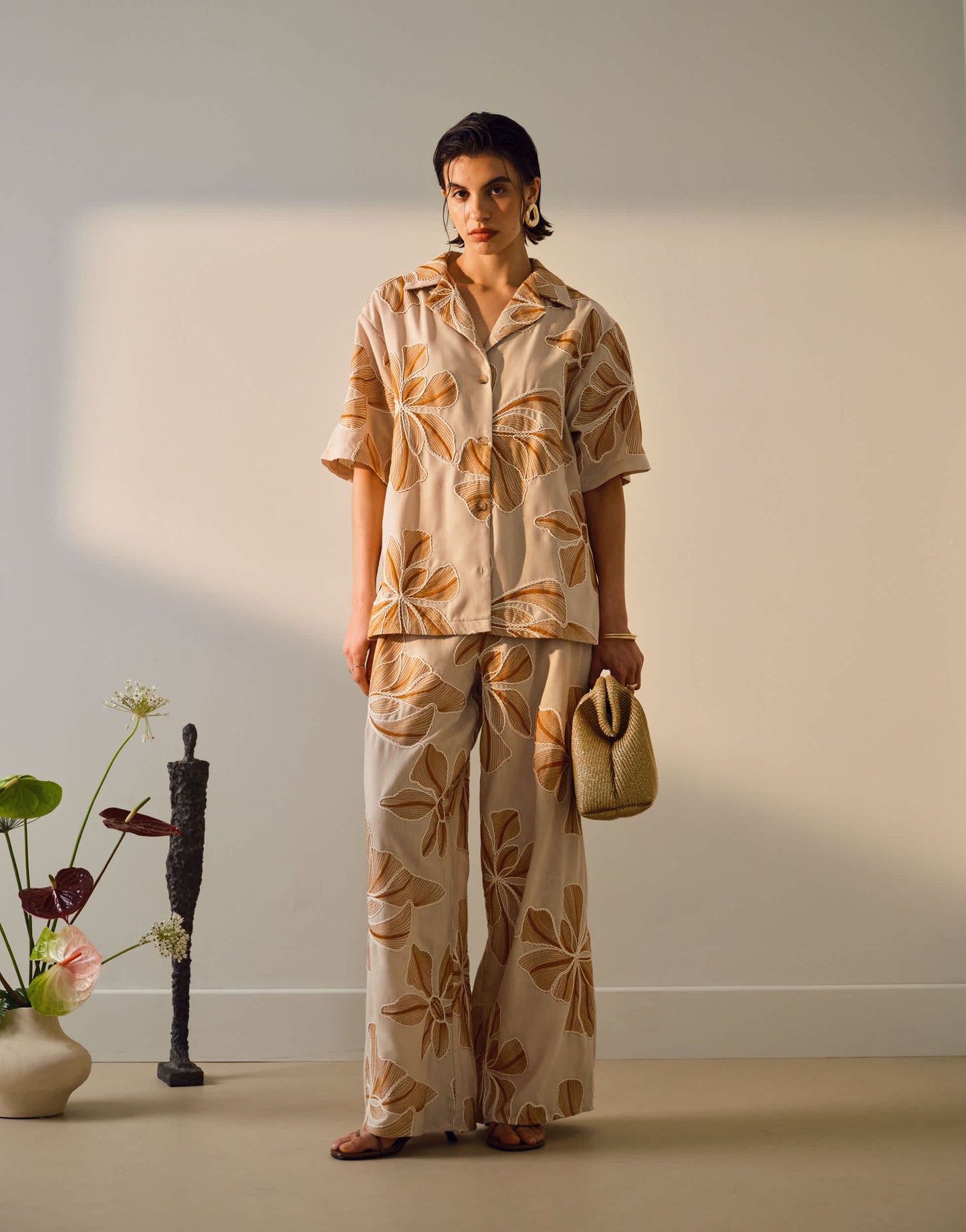 Topshop co ord low rise linen stitch detail floral trouser in brown