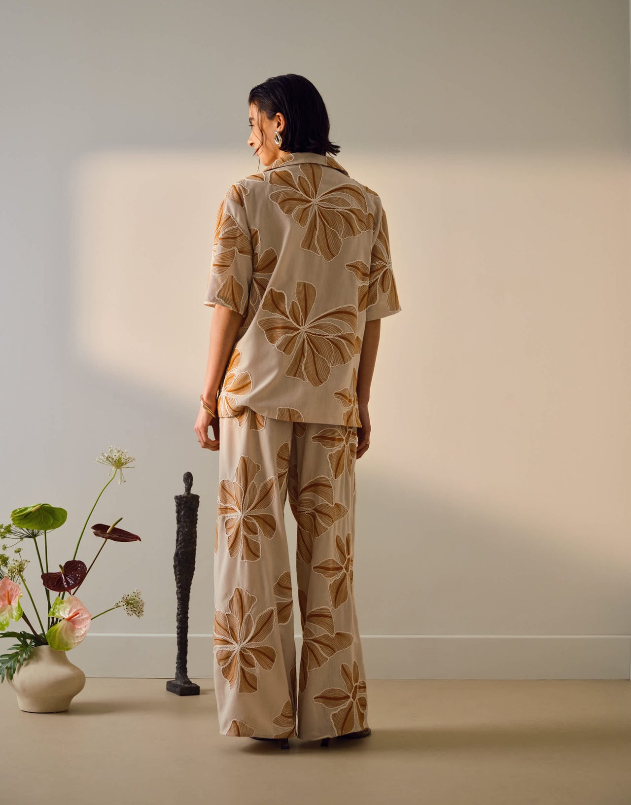 Topshop co ord low rise linen stitch detail floral trouser in brown