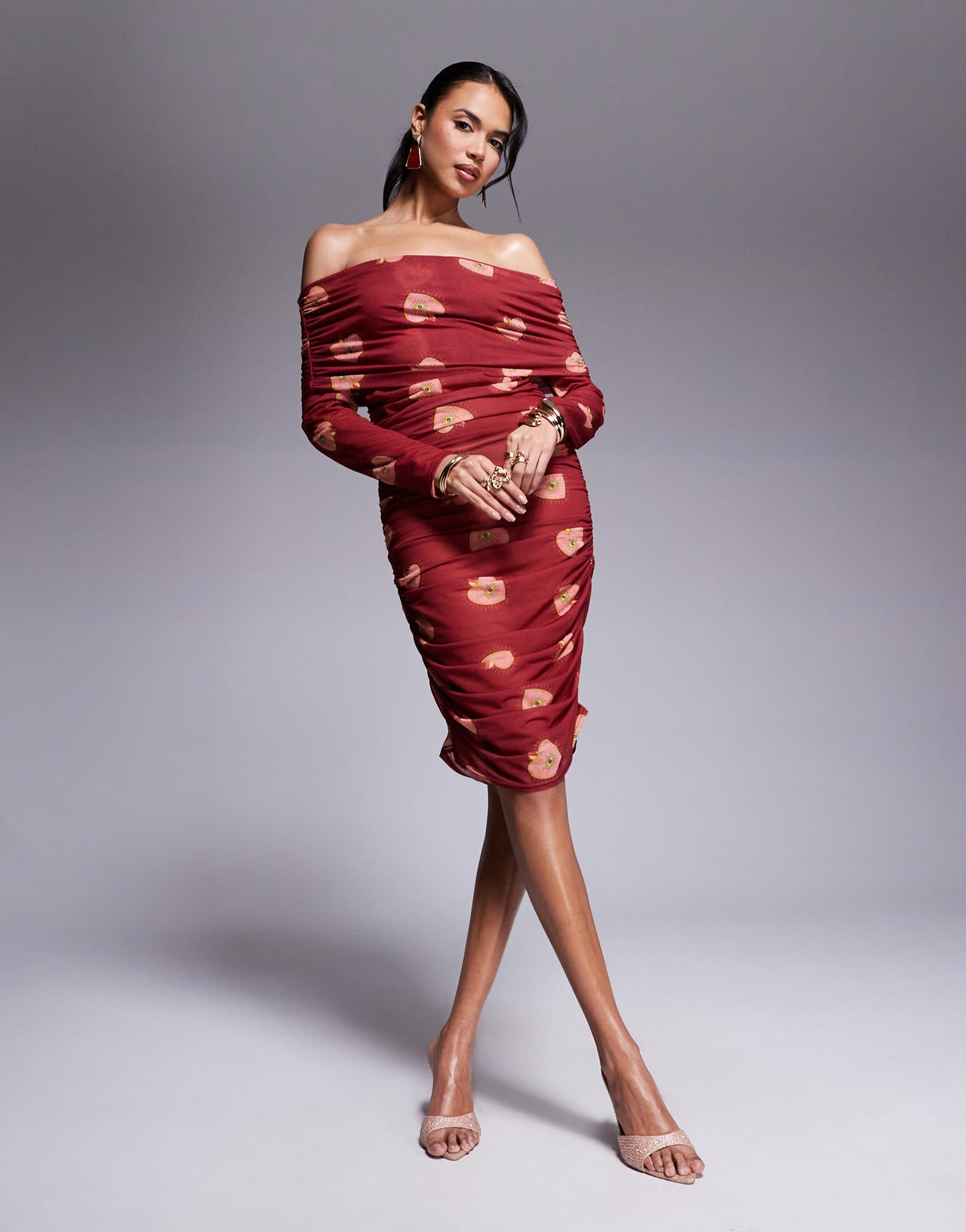 Never Fully Dressed bardot ruched heart print mesh mini dress in burgundy